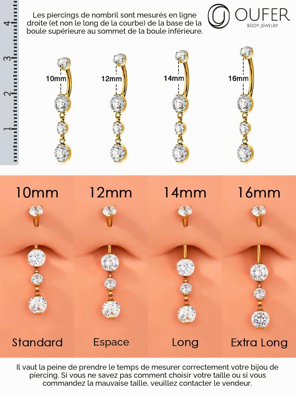 OUFER Body Piercing Internally Titanium 10/12/14/16mm Belly Button Bars Gold Dangle Navel Piercing Jewellery 14G Belly Bars Belly Button Ring Clear CZ Nave Bars Piercing Jewellery