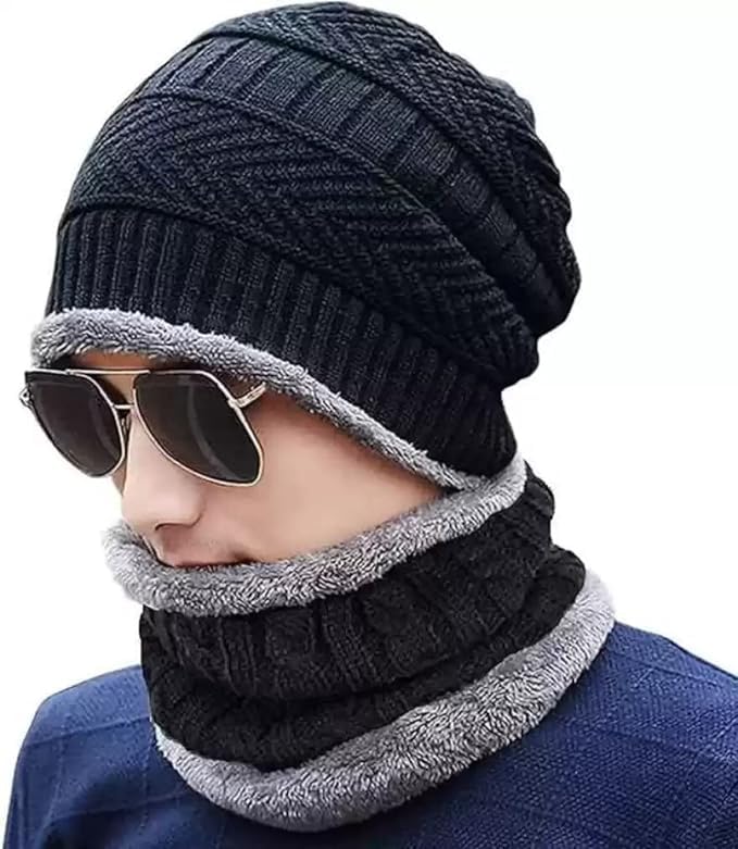 Image of Woolen Cap for Men - Winter Wear Topi with Neck Scarf Cover Muffler Face Cover, Hello Kitty Unisex Beanie Caps with Neckwarmer Set of 2 Free Size