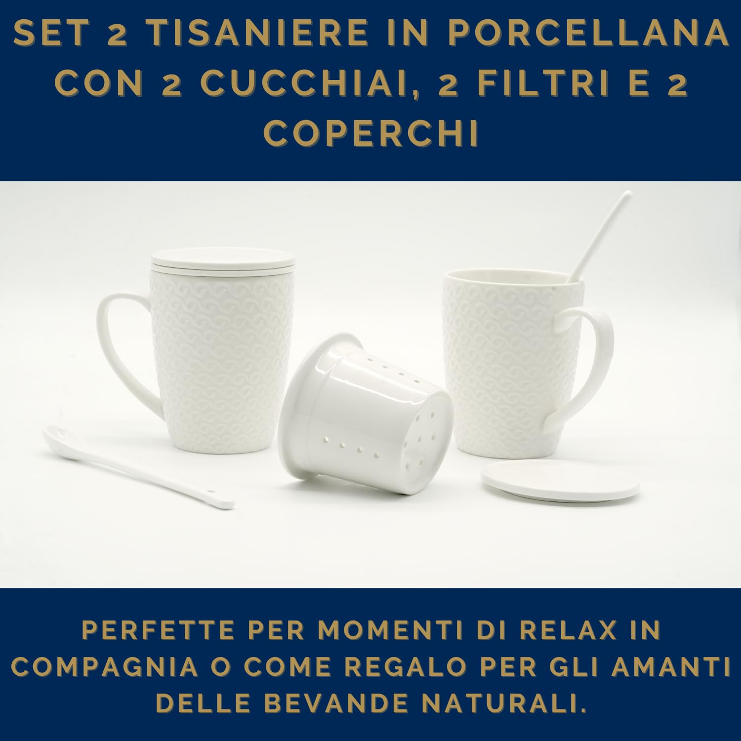 Set 2 Pezzi Tisaniere Tazze con Cucchiaio Filtro e Coperchio in Porcellana Liscia e Resistente Tisana The Infusi Elegante Idea Regalo