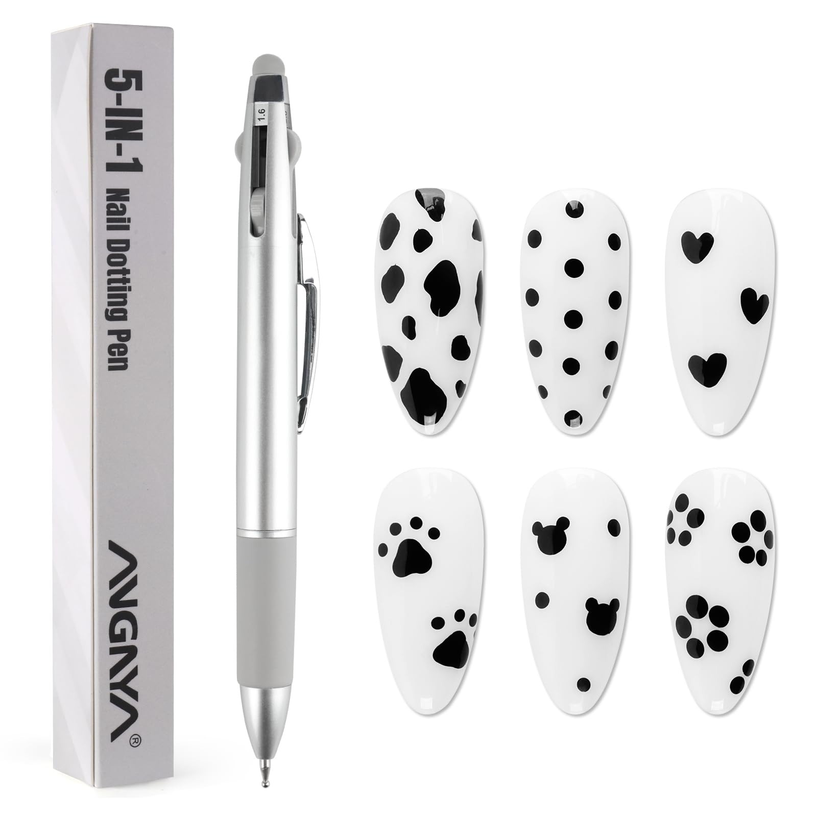 ANGNYA Dotting Tool Nail Art 5-IN-1 Ballpoint Pen Design Nail Dotting Tool for Painting with Size Marking and