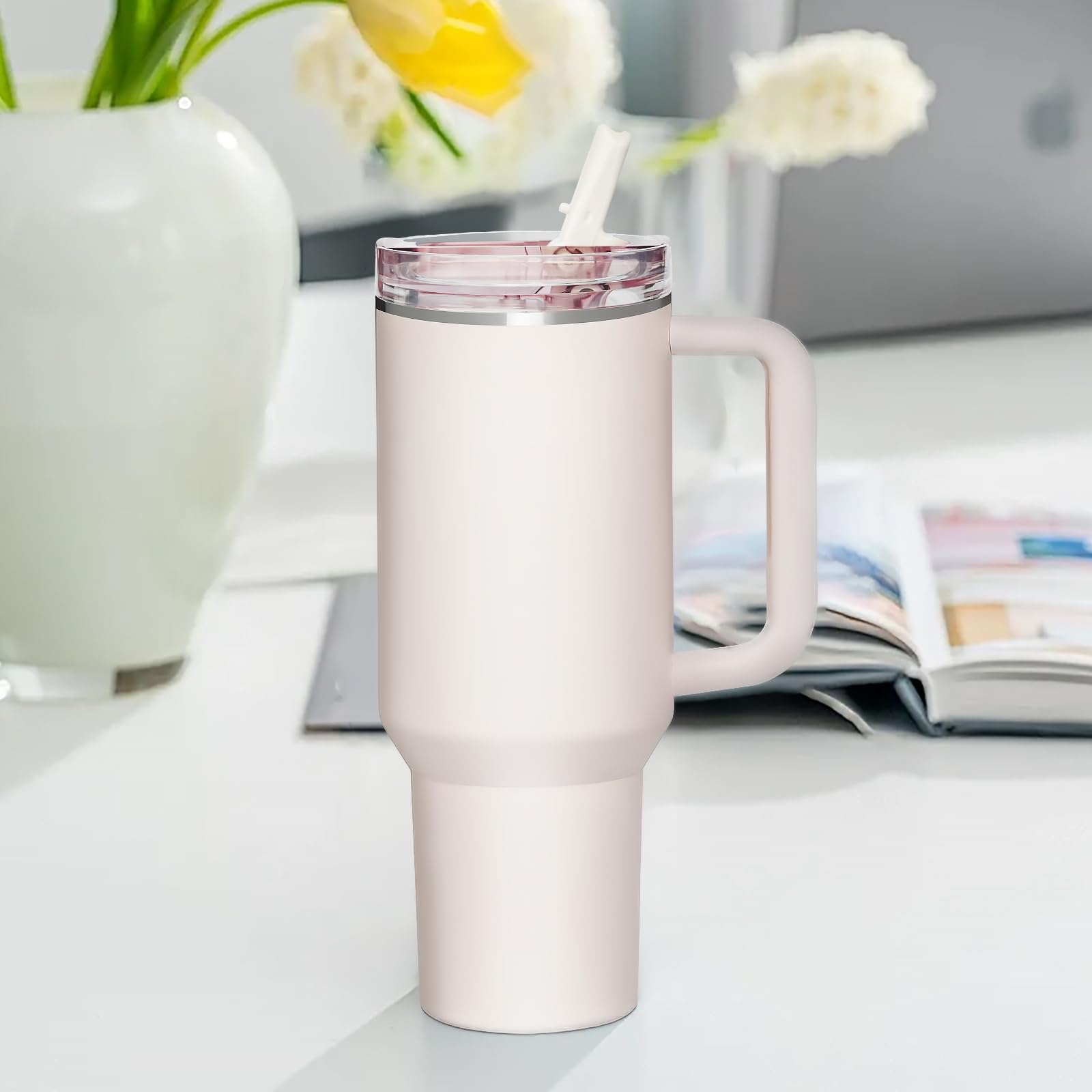 DealKits 2 unidades compatibles con la tapa Stanley Cup a prueba de fugas, tapa de repuesto para taza de 40 oz, con 2 pajitas y 1 pajita, sin BPA, apto para lavavajillas, reutilizable (blanco + rosa)
