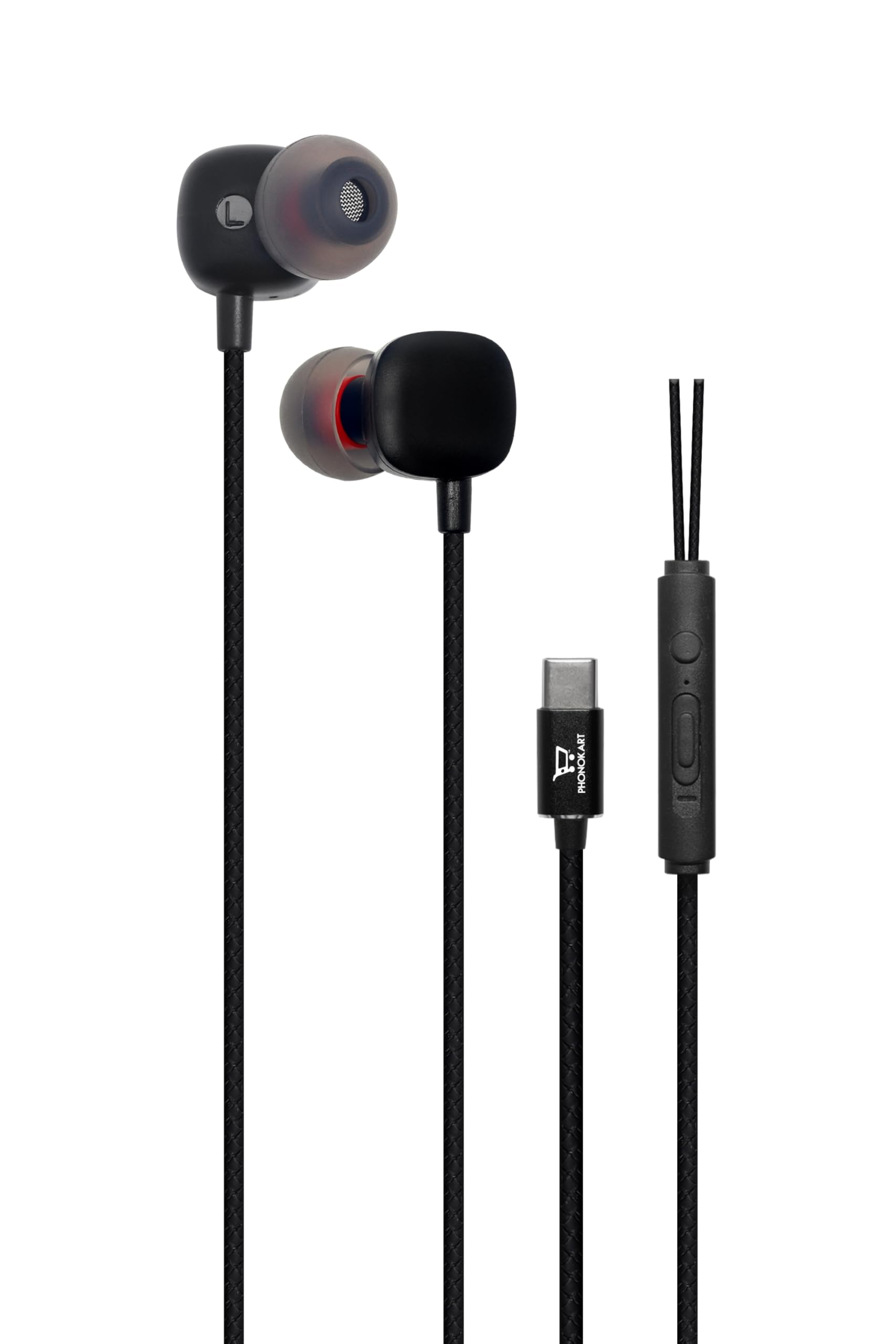 phonokart type c wired earphones with in-line mic for clear calling, 1.2m cable, 10mm dynamic drivers for boostedbass, control buttons for iphone 15, samsung & type c devices (black)