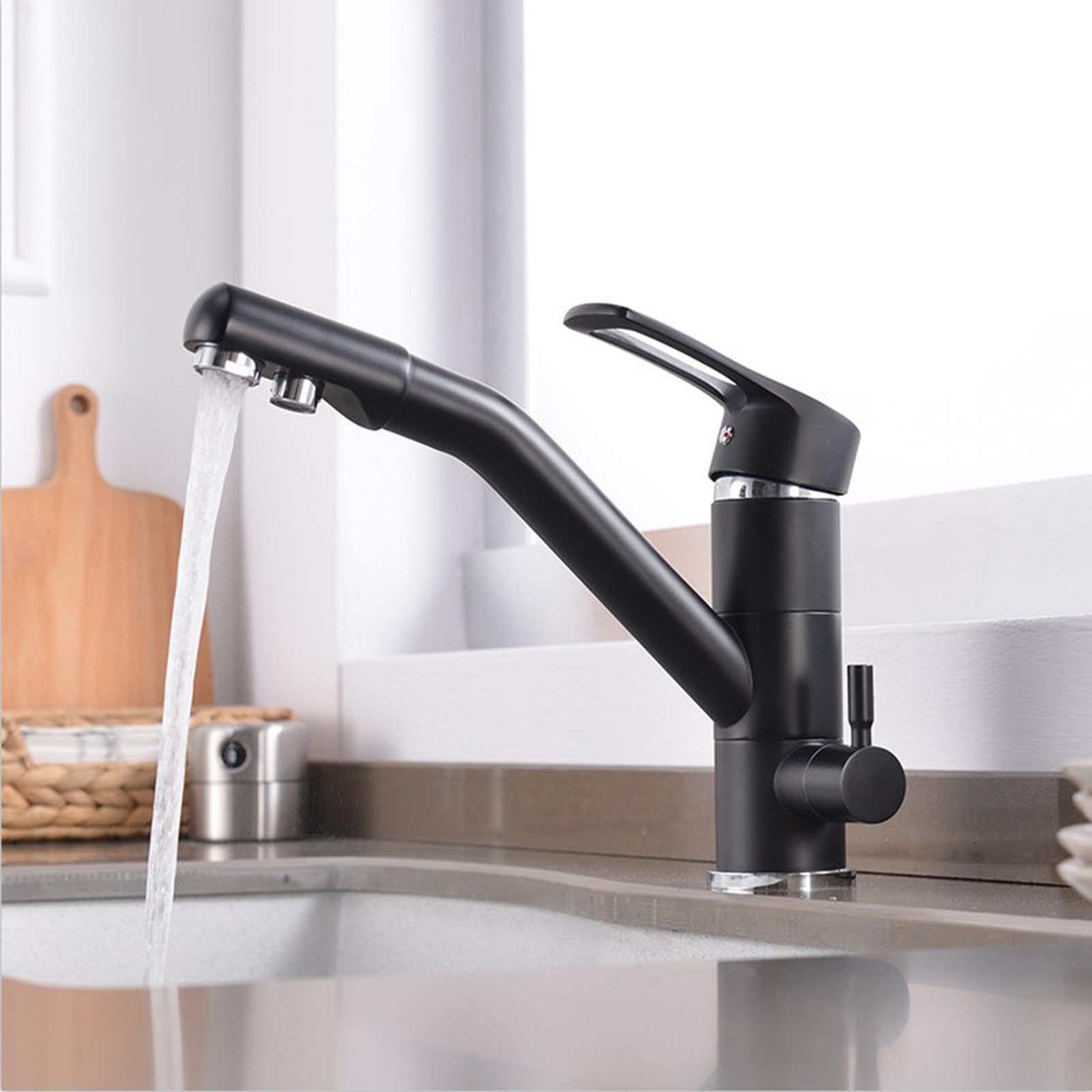 ZYCHSJXA Kitchen Bath Taps3 Way Sink Tap Brass Swivel Pure Water Hot and Cold Faucet for Purifier-Black