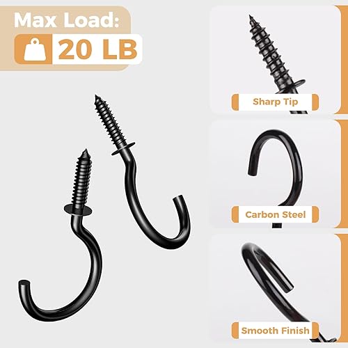 Miniatura 5 de RELBRO 50 ganchos de tornillo, ganchos de taza negros de 1-14 pulgadas, ganchos de metal resistente, ganchos de pared de madera, ganchos de techo