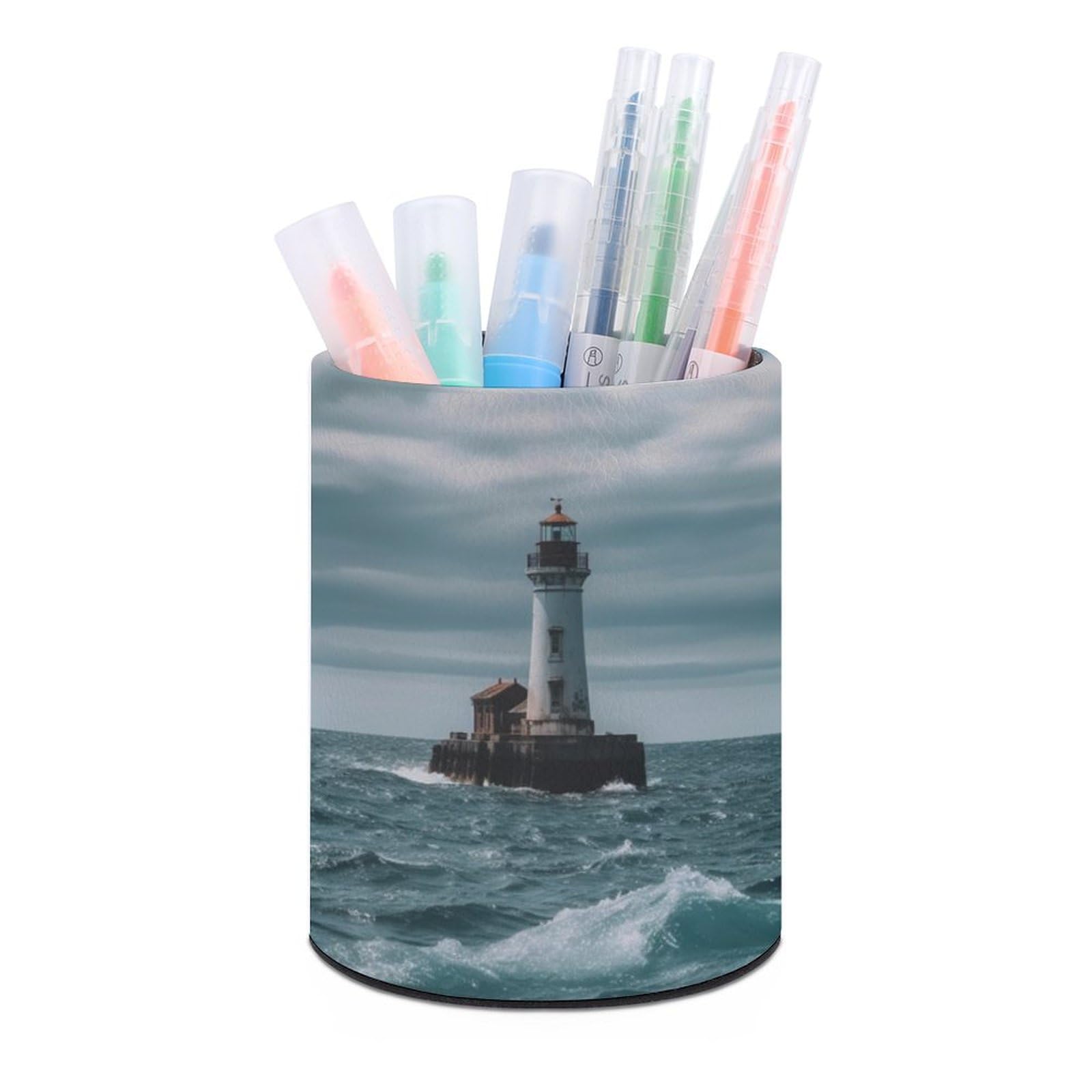 JTREHY Round Pen Holder,Lighthouse Printed Makeup Brush Storage Box Desktop Stationery Storage Cup Office Accessories Storage Box Pencil Storage Box for Home Office Dressing Table