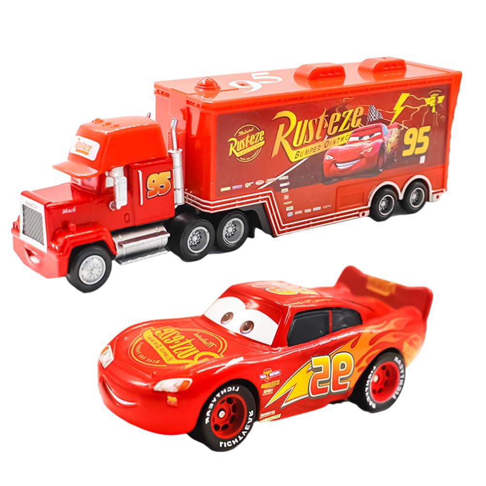 Red Racing Car & Container Truck Model Toys for Kids, 2Pcs Car Toys Set,Lightning Mini Race Car Figures Cake Topper Truck Cake Decoration,Small Play Vehicle Car Racing Cars Birthday Gifts for Kids