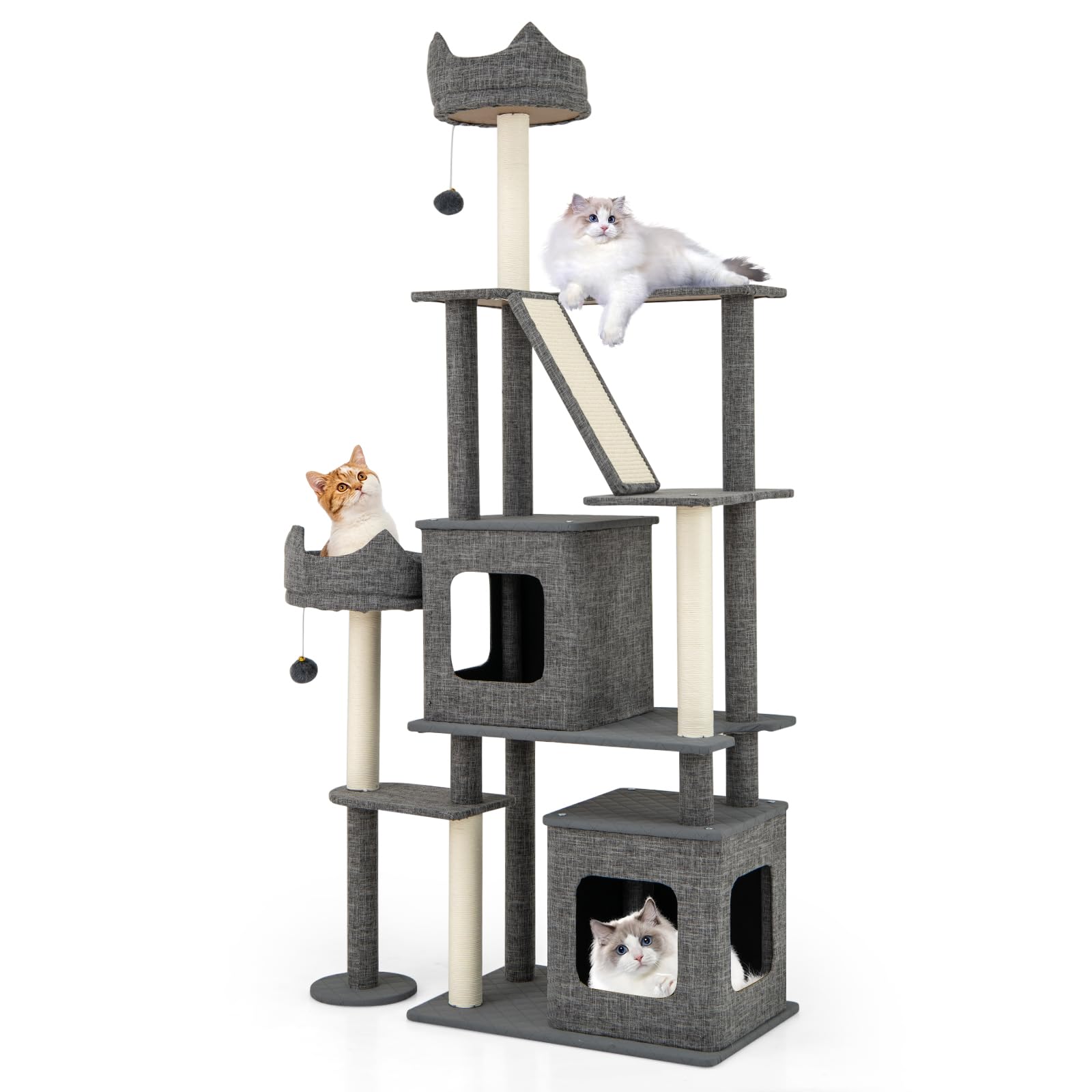COSTWAY Tiragraffi per Gatto Alto 180 cm, Albero Tiragraffi Gatto con 8 Piattaforme, 4 Pali Sisal e 2 Palline Pompon, Torre Tiragraffi per Gatti con 2 Condomini Rimovibili, Grigio