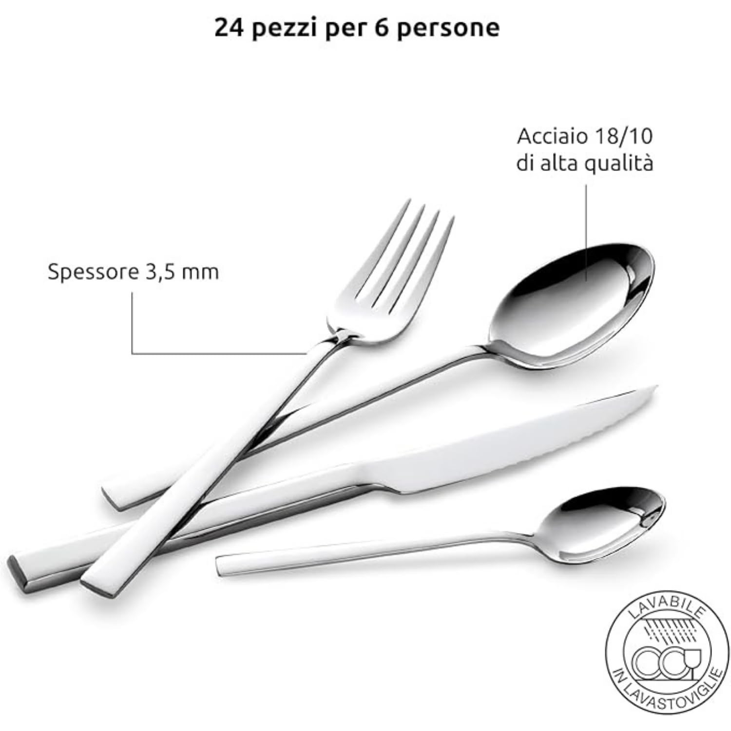 Lagostina Giada Set Servizio Posate Acciaio Inox 18/10 per 6 Persone, 24 Pezzi, con 6 Forchette, 6 Coltelli Tavola, 6 Cucchiai, 6 Cucchiaini Caffè, Spessore 3.5 mm, Finitura Lucida a Specchio