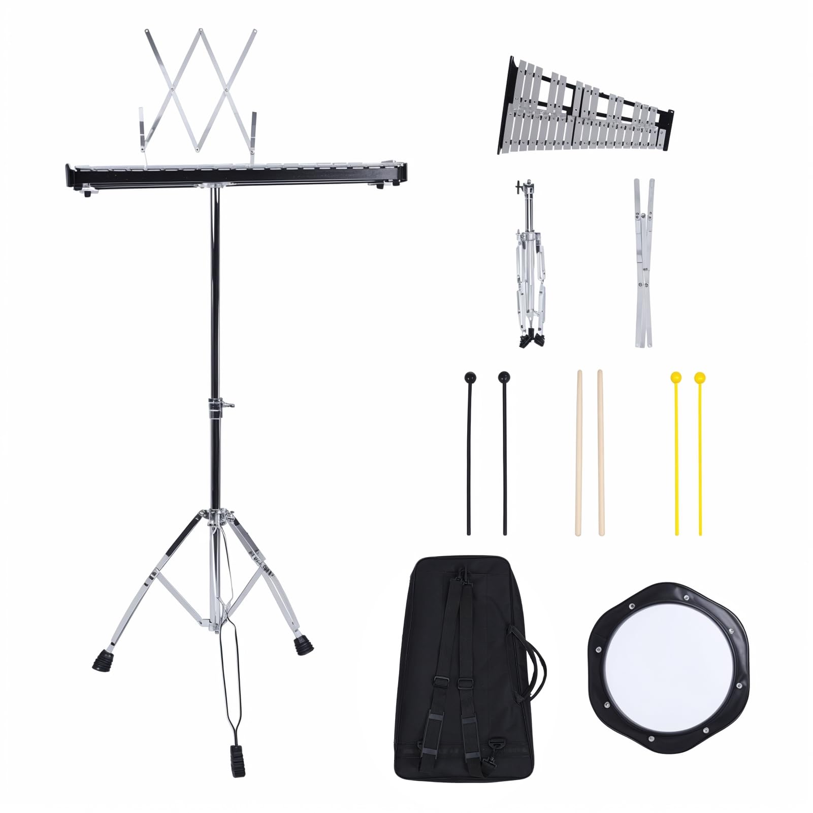 Kit per glockenspiel a 32 note, strumenti a percussione xilofono con piastra in alluminio con supporto regolabile in altezza, mazze da allenamento e bacchette in legno, borsa per il trasporto