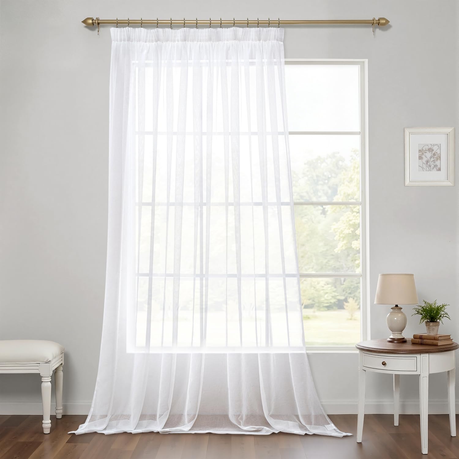 EMEMA Lot de 1 rideau en voile transparent avec galon fronceur, en voile polyester transparent, pour salon, chambre à coucher, 300 x 245 cm (l x H), blanc