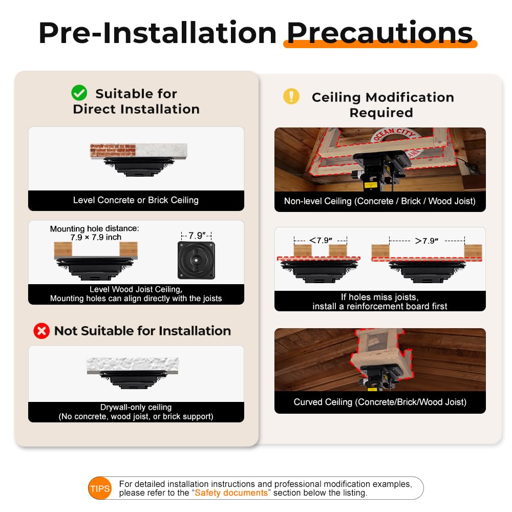 OUTFINE Electric Flip Down and Swiveling Ceiling TV Mount for 32–75 Inch Flat or Curved Screens, Motorized Fold Down Lift with Remote Control, 360°Manual Swivel and 0–80°Electric Tilt