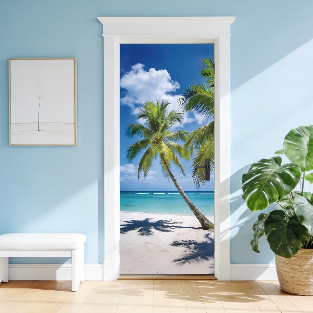 arricraft 2 Sheets Self-Adhesive Door Sticker, 80cmx200cm/31.5x78.7inch Ocean Coconut Tree Pattern Door Murals Stickers PVC Removable Wallpaper Decoration for Bedrooms ​Living Room