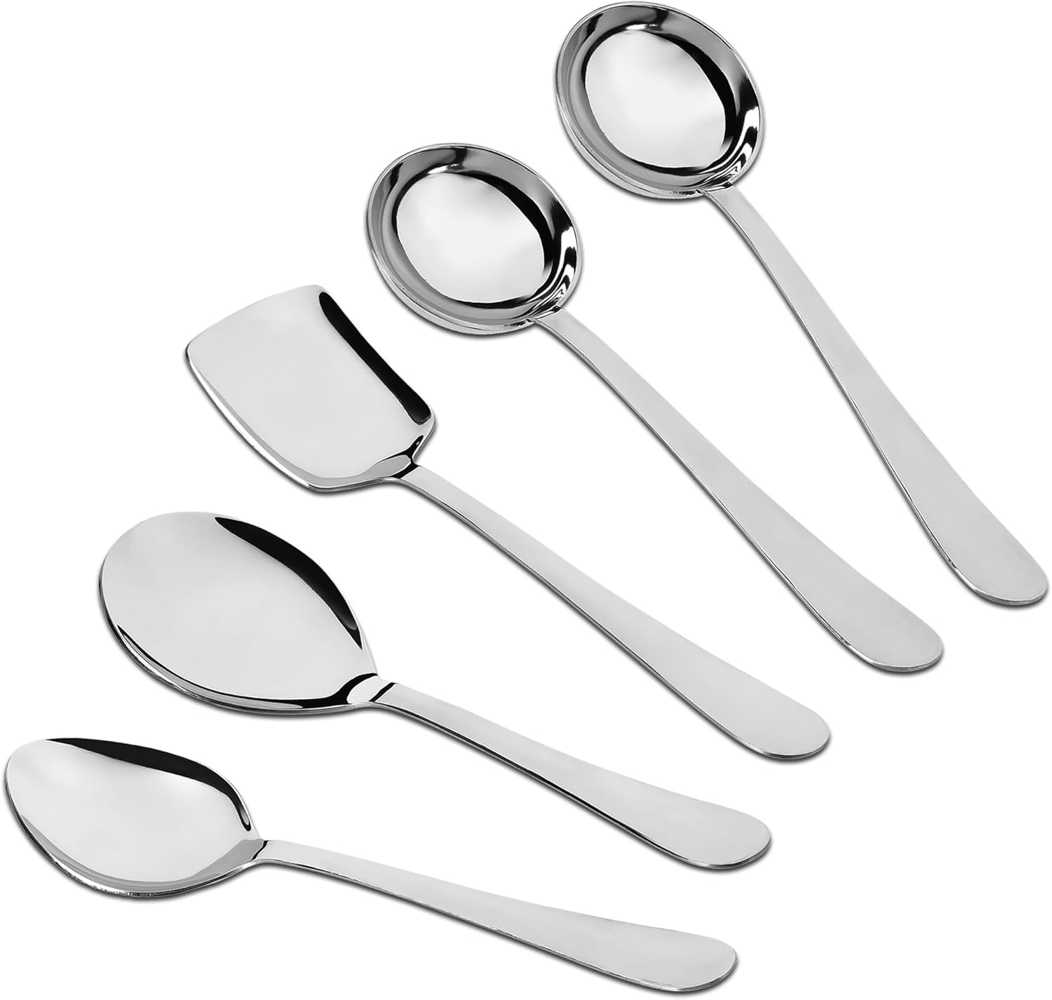5 Pieces Stainless Steel Golden Serving Spoon Set for Dining Table/Kitchen, 1.8 mm Heavy Gauge (2 Soup Ladle (Karchi), 2 Solid Spoon (Chamcha), 1 Rice Spoon), 24k Gold (Pack of 5)