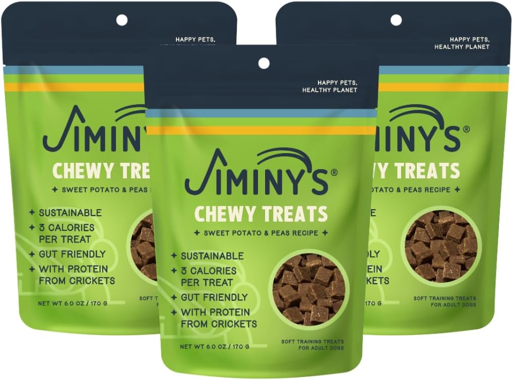 - Jiminy's Soft & Chewy Dog Training Treats, Sweet Potato & Peas, 6oz 3pck | Less than 3 calories each, soft & easy to break with cricket protein for dogs with sensitive stomachs. Allergy-friendly.