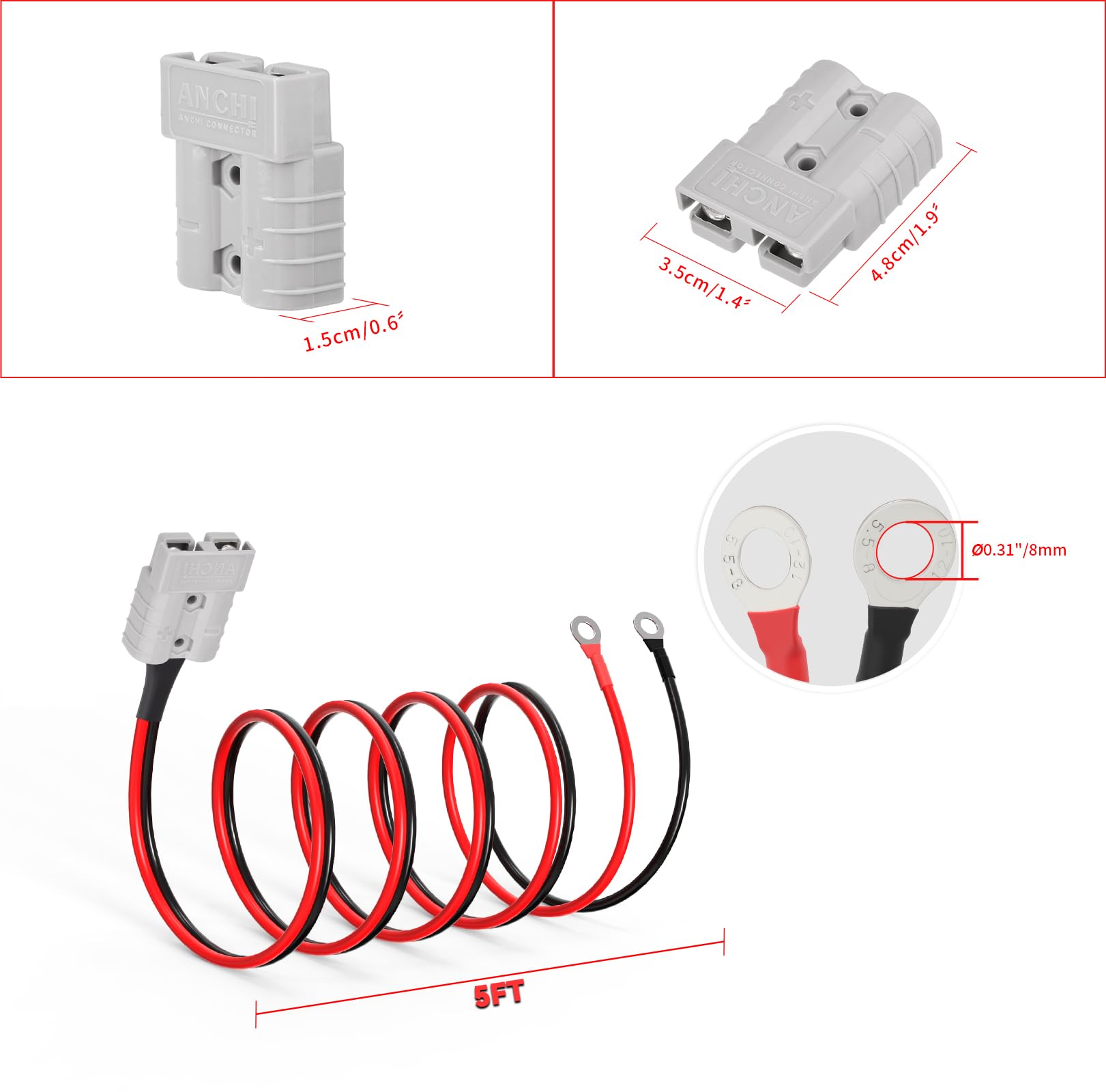 ELFCULB Anderson - Spina con cavo, 10 AWG Anderson da 50 A a O-ring, per auto, roulotte, barche, impianti solari (1,5 m)