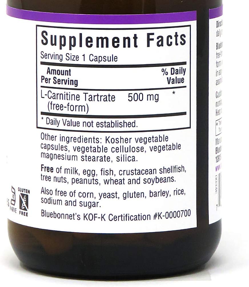BlueBonnet L-Carnitine 500 mg Vitamin Capsules, White, 60 Count : Health & Household