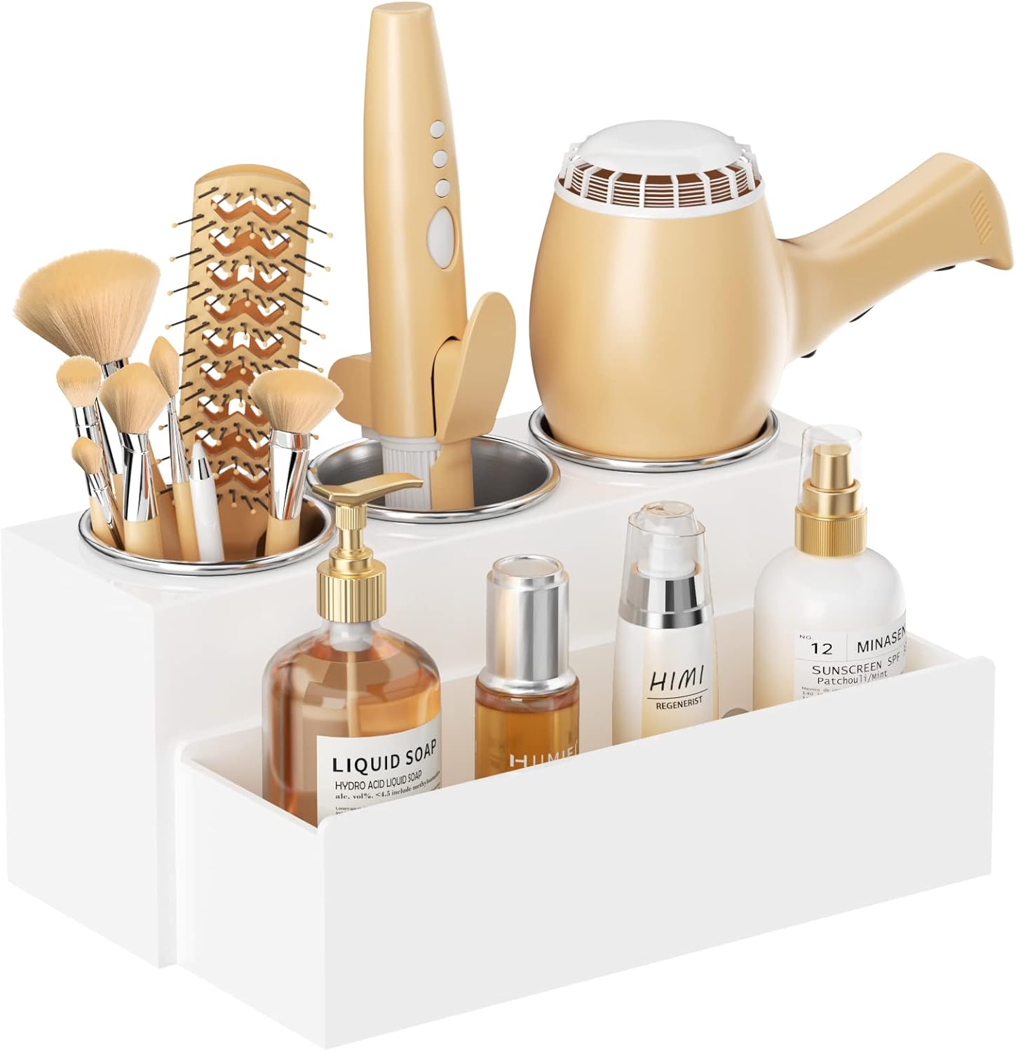 HIIMIEI Hair Tool Organizer, Acrylic Hair Dryer Holder, Bathroom Countertop Blow Dryer Stand Storage, Vanity Organizer for Accessories, Makeup, Flat Irons, Curling Irons, and Toiletries (White)