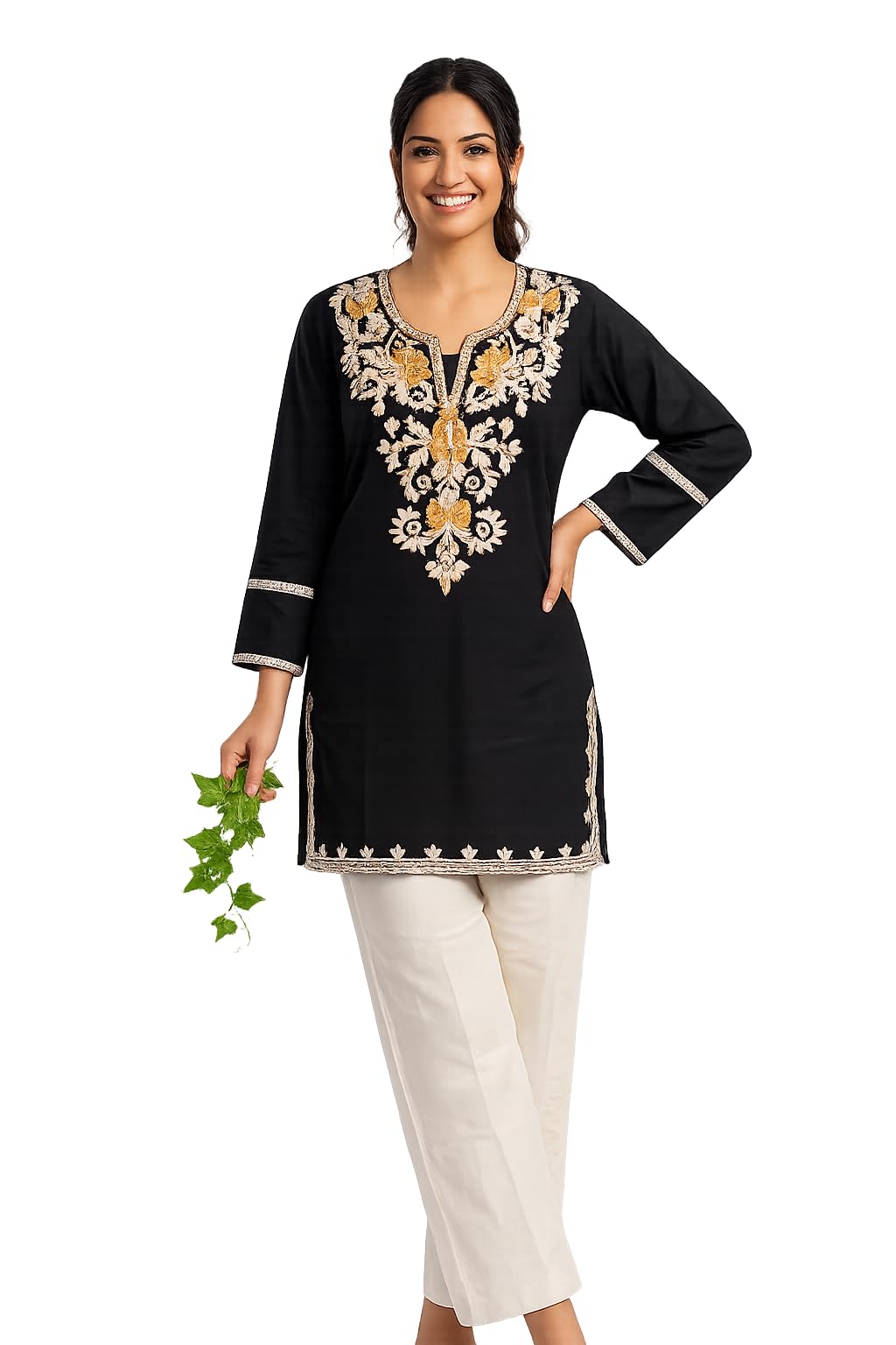 Designer Dabu Cotton Black Co-ords With Kashmiri Work For Women-image-24