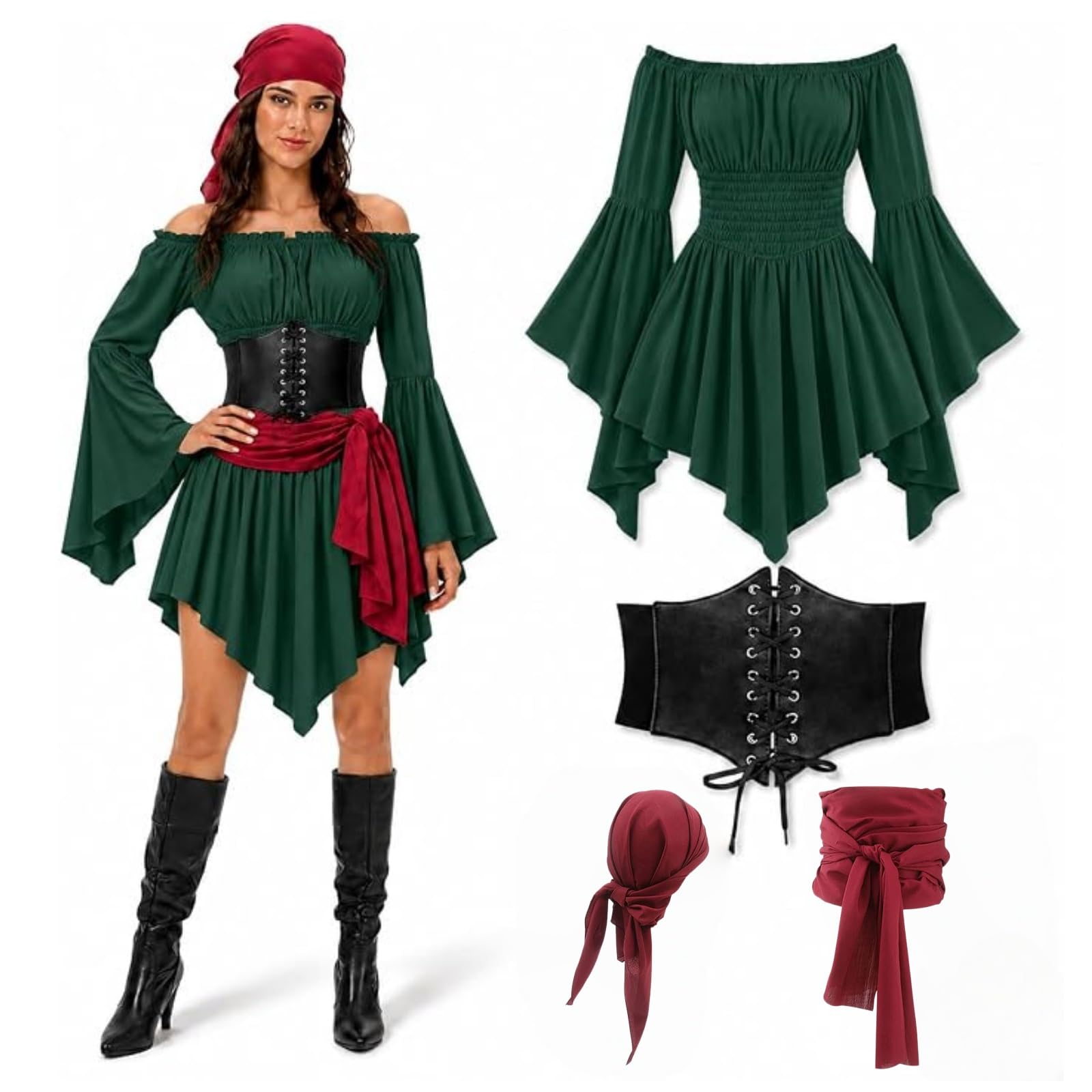 Piratenkostüm Zubehör Set Damen, 4-Teiliges Mittelalter Off-Shoulder Kleid Damen mit Piraten Korsett Piratenkleid Karnevalskostüm Cosplay, Accessoires Halloween Karneval