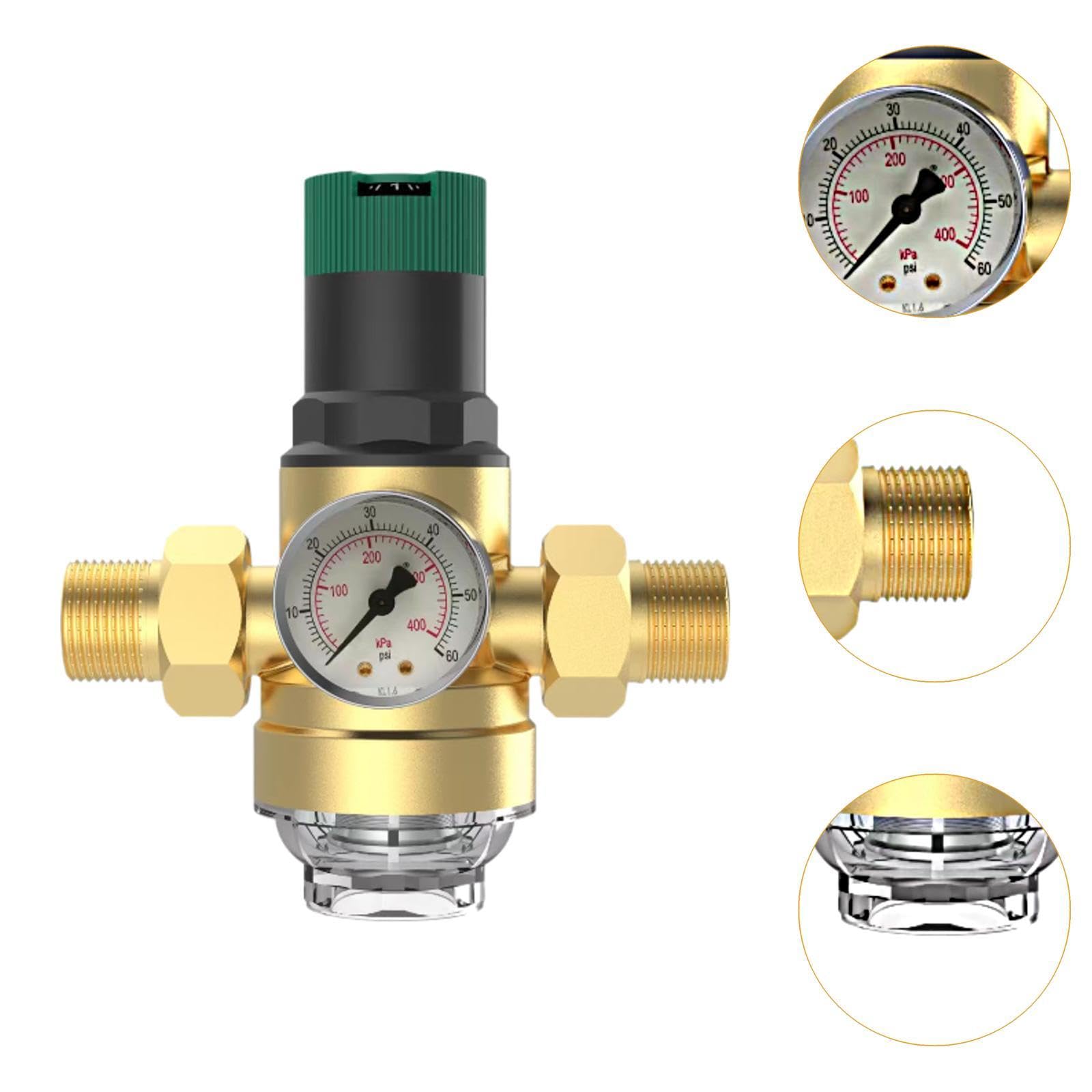 Regulador de Presión de Agua Válvula con Indicador Ajustable Latón Anticorrosión con Filtro Evita Ruidos Ahorra Factura Protege Electrodomésticos, DN20