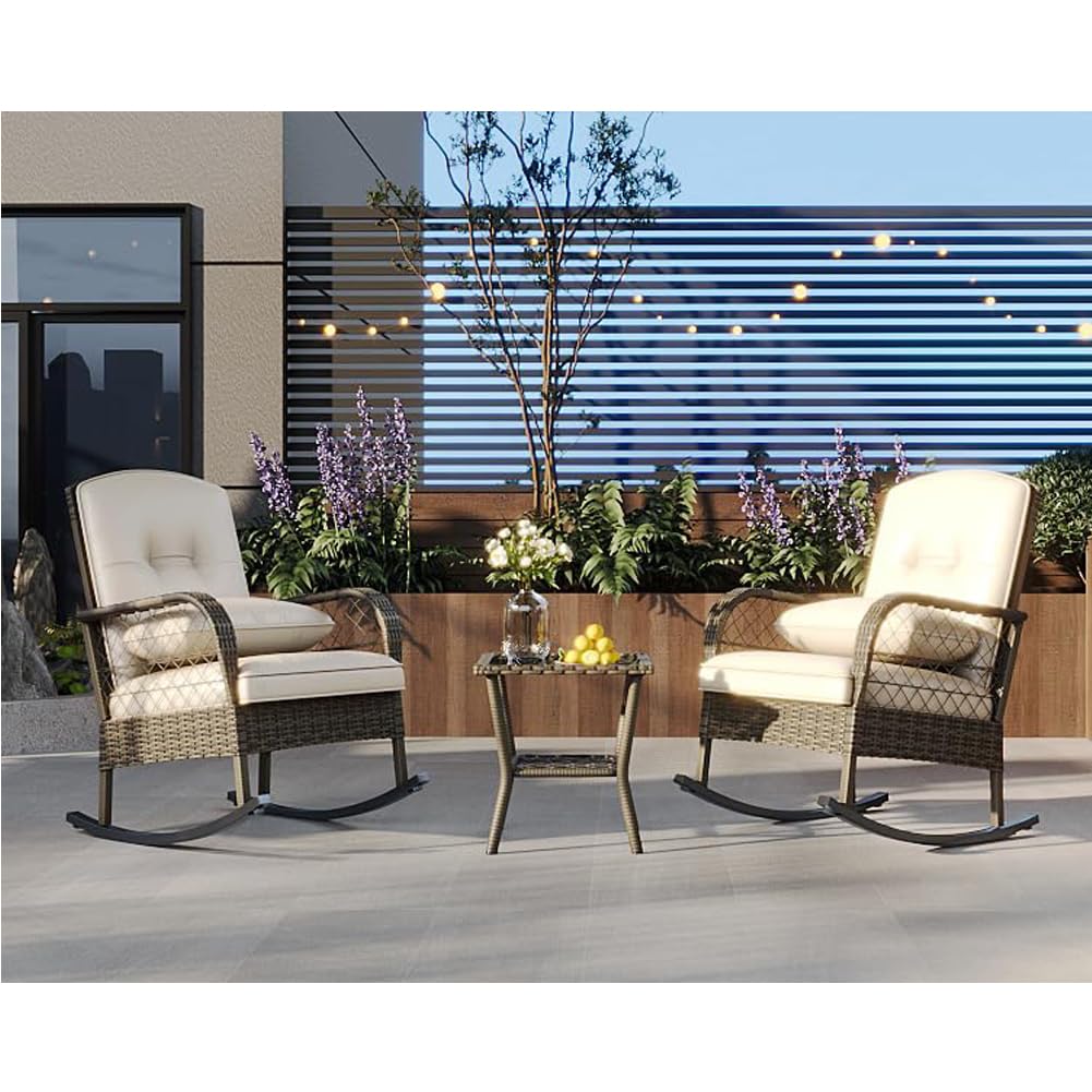 Garvee 3-Piece Rocking Chairs with Coffee Table, Outdoor Wicker Patio Chair with Cushions, Steel Frame, All-Weather Rattan Patio Conversation Furniture for Balcony Poolside Garden Conservatory