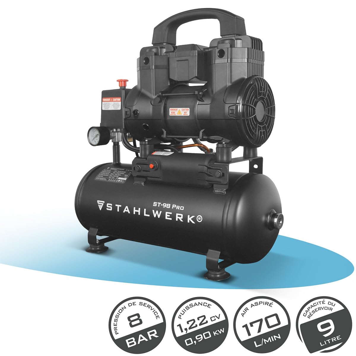 STAHLWERK Compresseur d’air 9 L (ST-98 Pro) – sans huile & silencieux | 8 bar, 1,22 CV, 0,90 kW, 170 l/min, 65 dB, compresseur d'air avec moteurs sans balais, compresseur à pistons silencieux