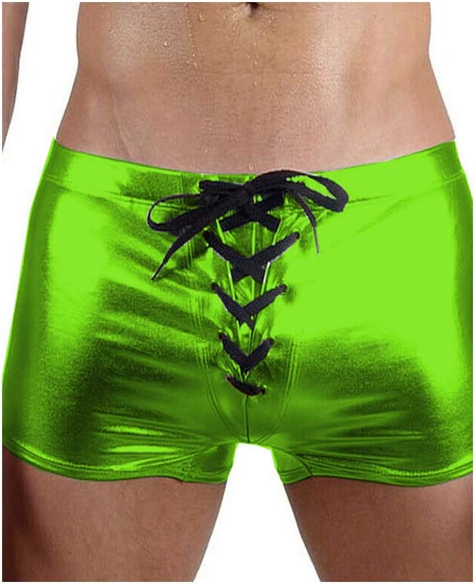 Fetish Queen Men Skinny Lace Up Boxer Shorts Sexy Knickers Shiny Metallic Trunks