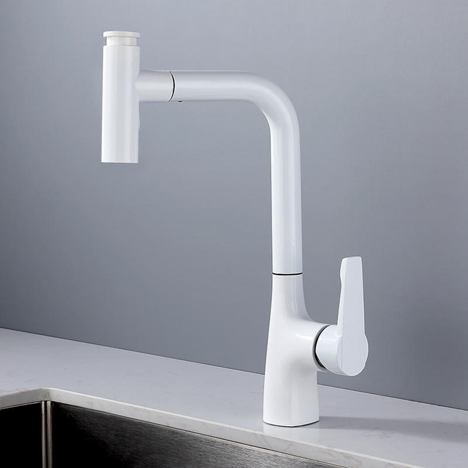 Mitigeur d'évier de cuisine blanc en laiton avec bec extractible et rotation 360°