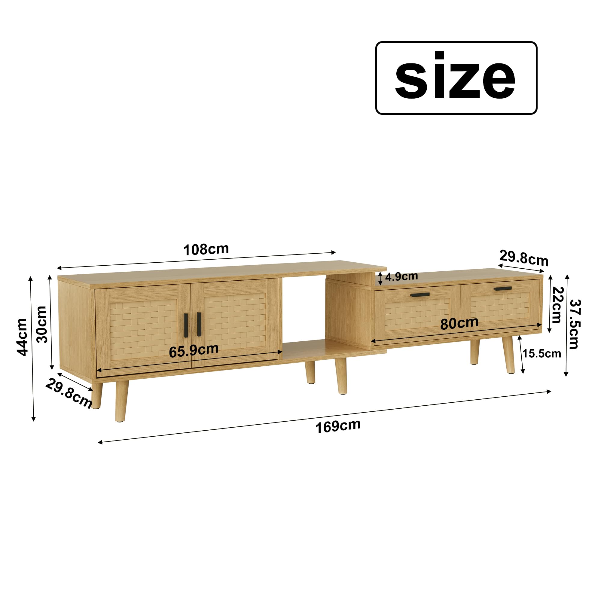 Mobile TV allungabile con 2 ante e 2 cassetti (146-180 cm), TV Lowboard, mobile TV, credenza TV, per soggiorno, camera da letto, TV fino a 75 pollici (rovere)
