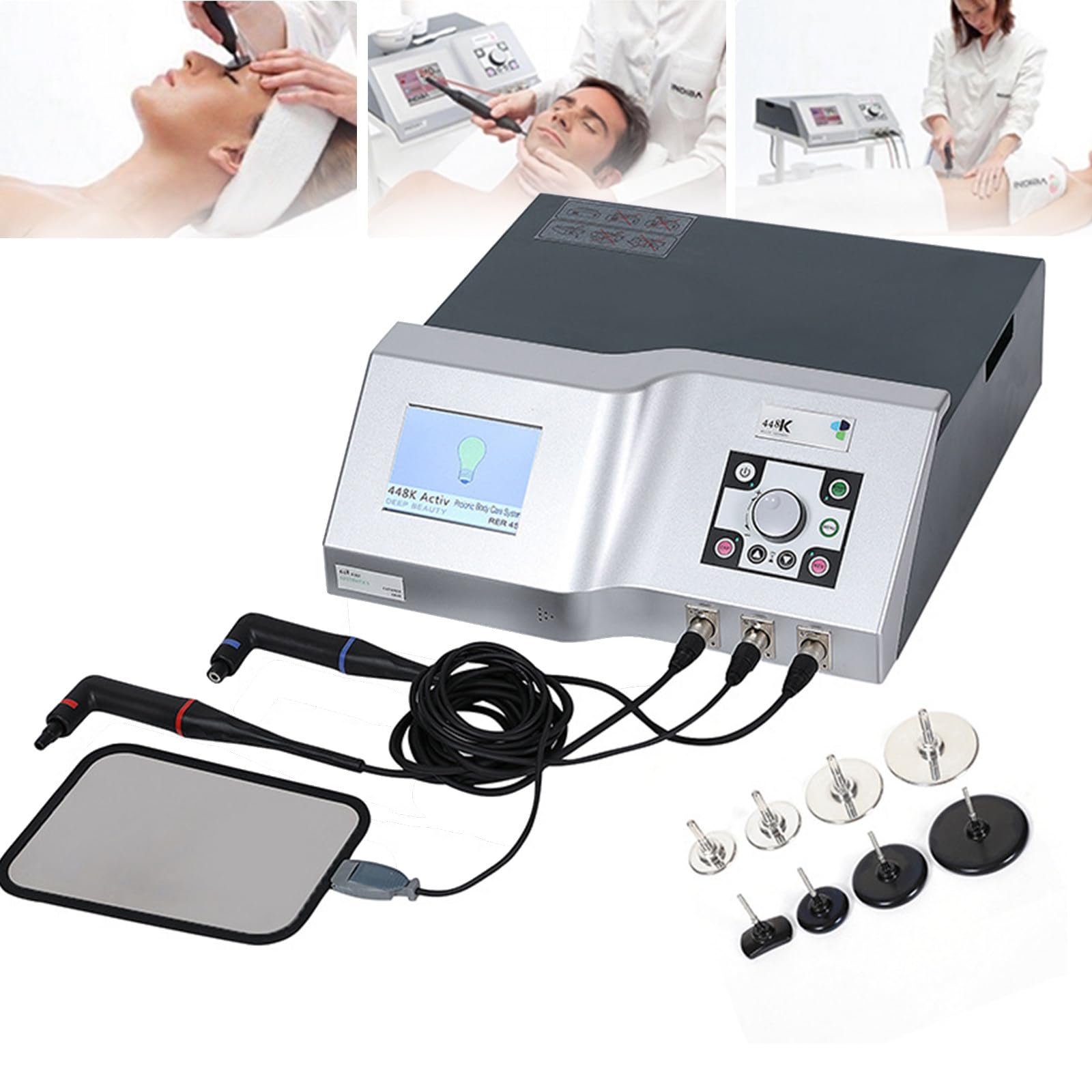 Ymlukzun Multicolor 448Khz Tecar Physiotherapy Machine, 448 Khz Rf Tecar Therapy Ret Cet Diathermy Body Slimming Machine Pain Relief Skin Tightening Indiba Deep Care, With 8 Working Head/1 Negative Plate
