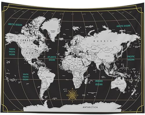CAPSCEOLL Tapiz de mapa del mundo para colgar en la pared, tapiz blanco y negro para decoración del hogar, 40 x 30 pulgadas, mapa para habitación de