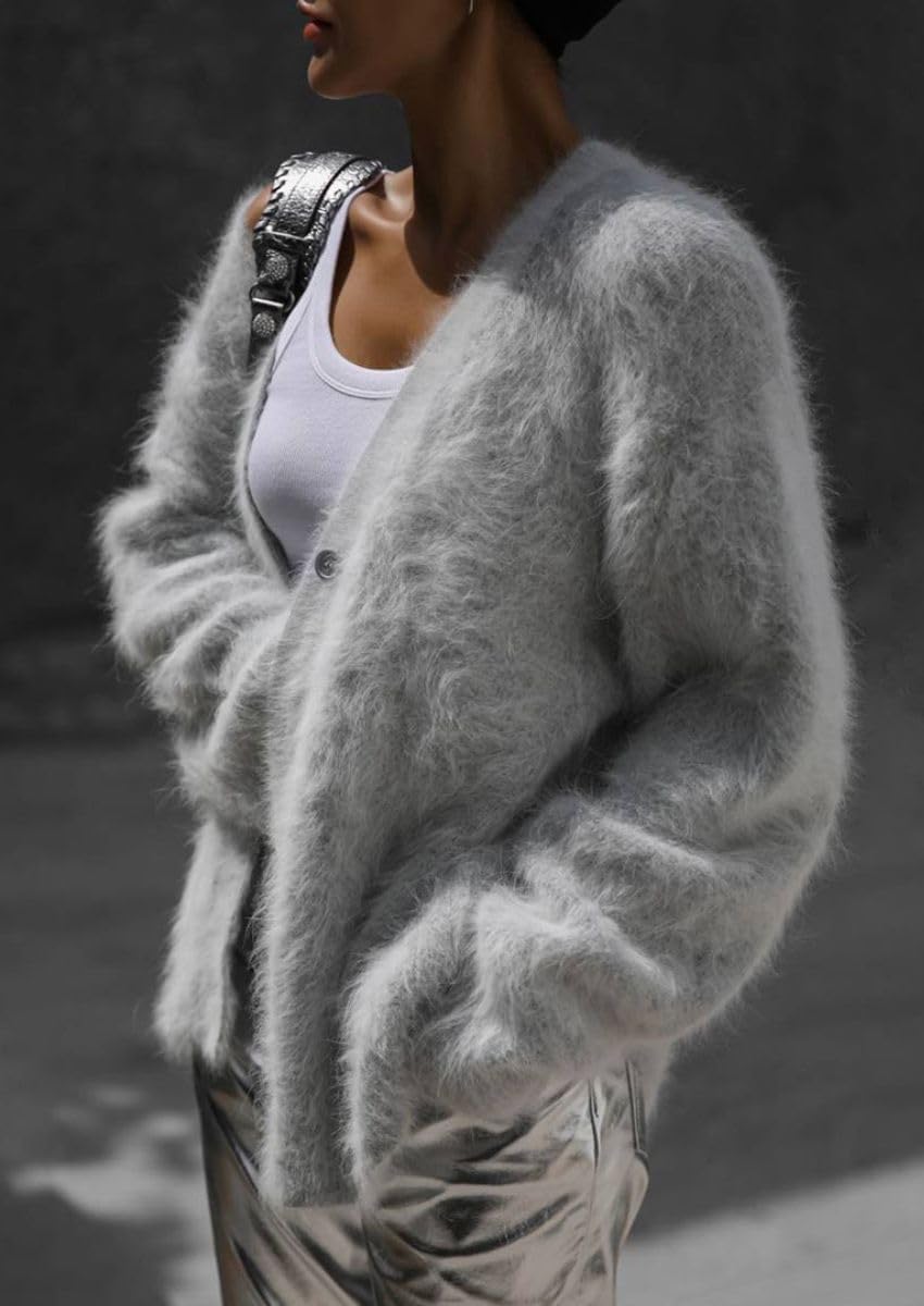 【SCENERITY】Ddor Fur Cardigan Fur Sweater – Black Knitted Fur Rex Cardigan – Madison