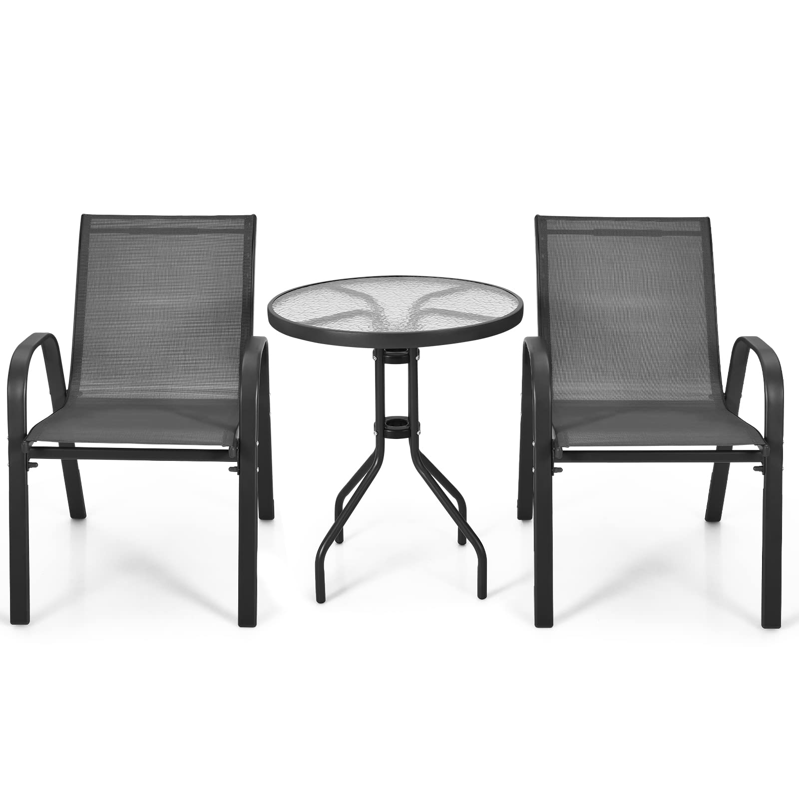 GIANTEX Set di 2 Sedie da Giardino con Tavolo in Vetro, Schienale Alto e Seduta Larga, Telaio in Acciaio Verniciato a Polvere, Tessuto Textilene Traspirante, per Balcone e Esterno (Nero)