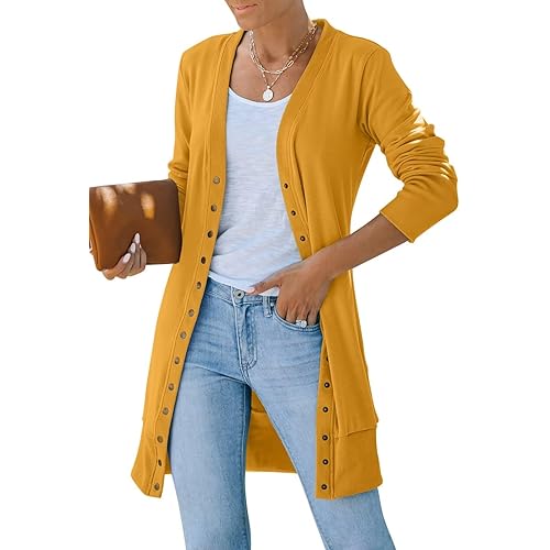 MEROKEETY Women's 2024 Fall Long Sleeve Snap Button Down Solid Color Knit Ribbed Neckline Cardigans