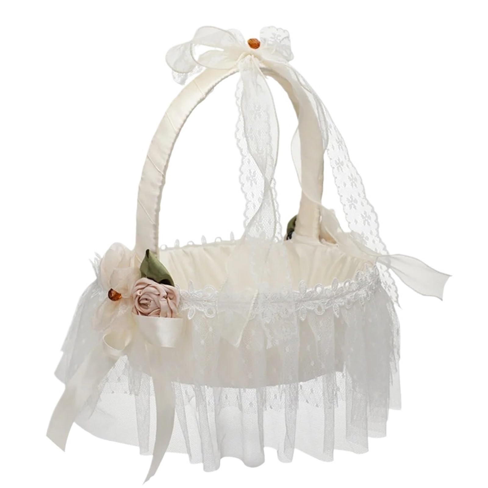 Flower Girl Bow Basket White Lace Handmade Tulle
