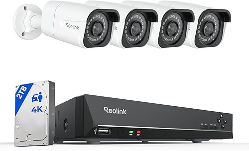 REOLINK Sistema de cámara de seguridad 4K - H.265 4 cámaras de seguridad PoE cableadas con detección de vehículos personales, 8MP/4K 8CH NVR con