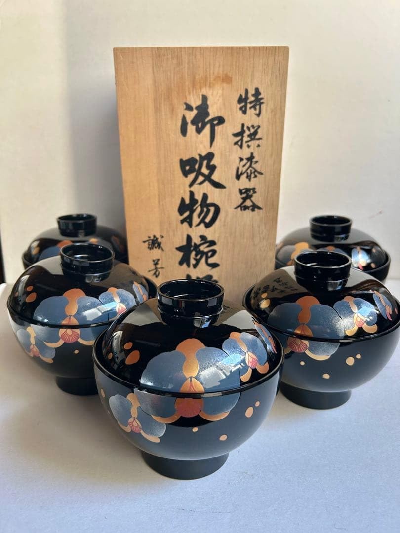 会津塗 天然木加工品 四君子蒔絵 朱内朱 蓋付きお吸物椀揃 5客 会津塗