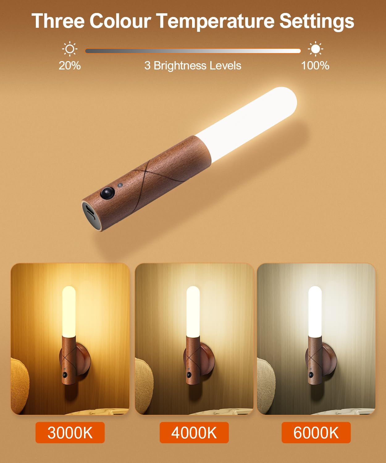 Doraimuni 2-Pack Rechargeable Wooden Wireless Wall Lights with Magnetic Mount, Removable USB Stick for Bedroom Hallway - Image 2