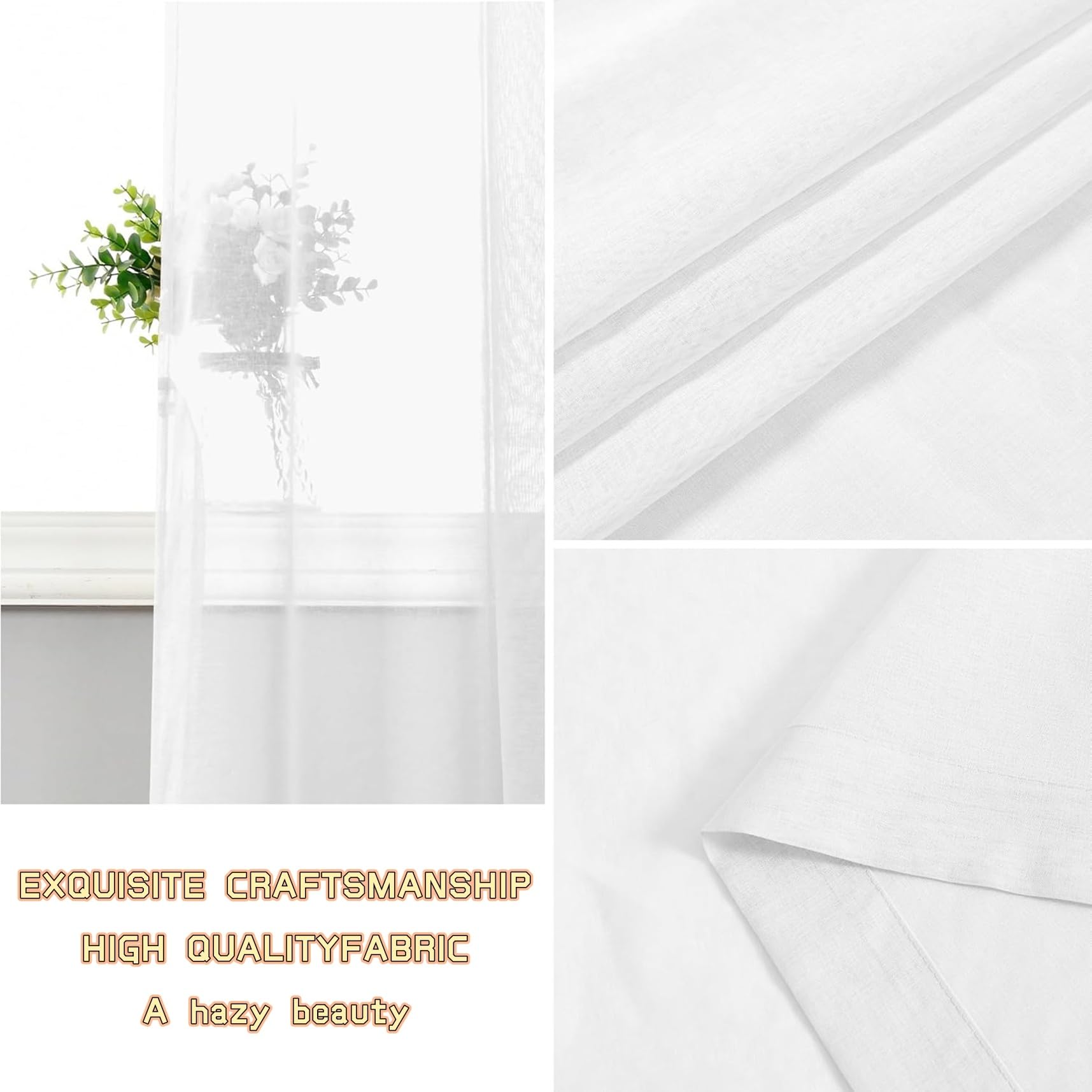 Vorhang Halbtransparent 240 x 240 cm Polyester, Leinen-Optik Transparent Wohnzimmer Luftig Dekoschal Gardinen Stangendurchzug für Schlafzimmer Wohnzimmer Gardine Fenster, Weiß