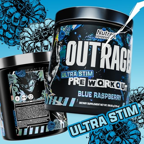 Image of Outrage Ultra HIGH STIM Pre-Workout Powder for Men | 400mg Caffeine, L-Citrulline, Beta-Alanine, Creatine | Extreme Energy, Focus, Strength & Endurance (30 Servings, Blue Raspberry)