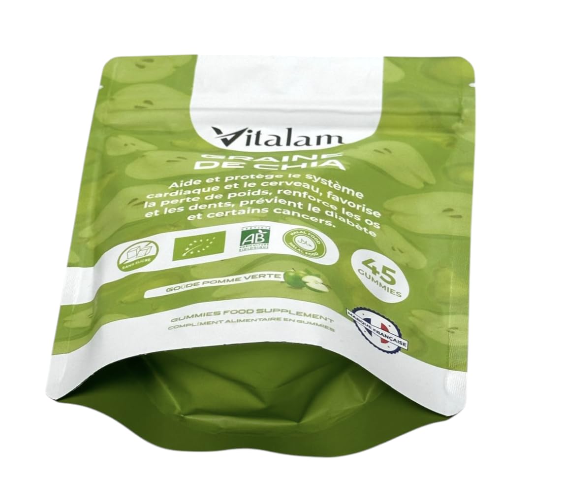 Gummies Graine de chia en sachet, Gummies Chia Minceur & Perte de Poids et de Tour de taille, Source de protéines, fibres et OMEGA 3, Complément alimentaire, Sans Sucre, 45 gummies, Goût Pomme