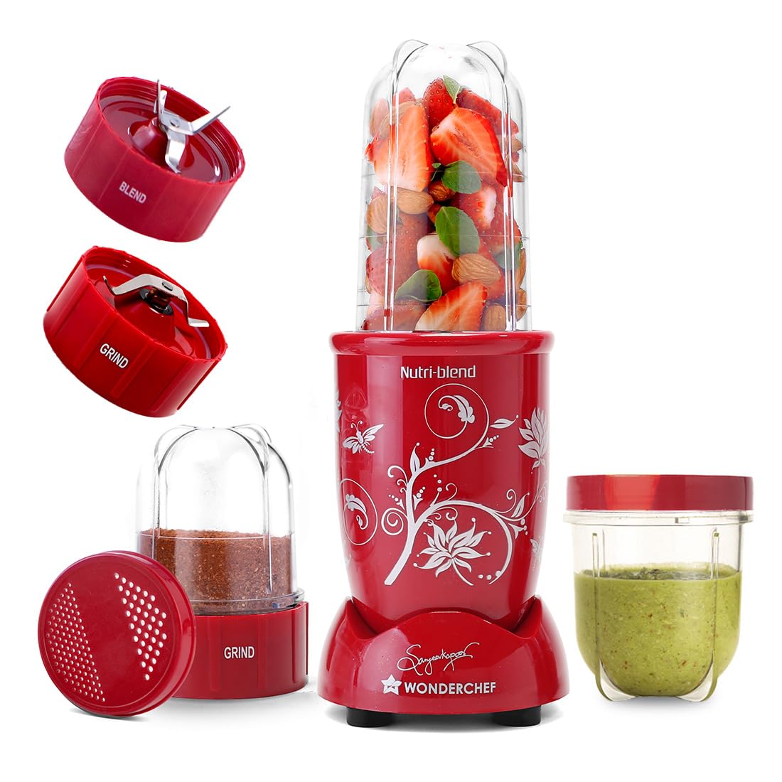 Wonderchef Nutri-blend 500W Mixer Grinder, 22000 RPM Motor, Smoothie Maker, Masala Grinder, Chutney Blender, 3 Unbreakable Jars, Recipe Book by Chef Sanjeev Kapoor, 2 Yr Warranty, Red