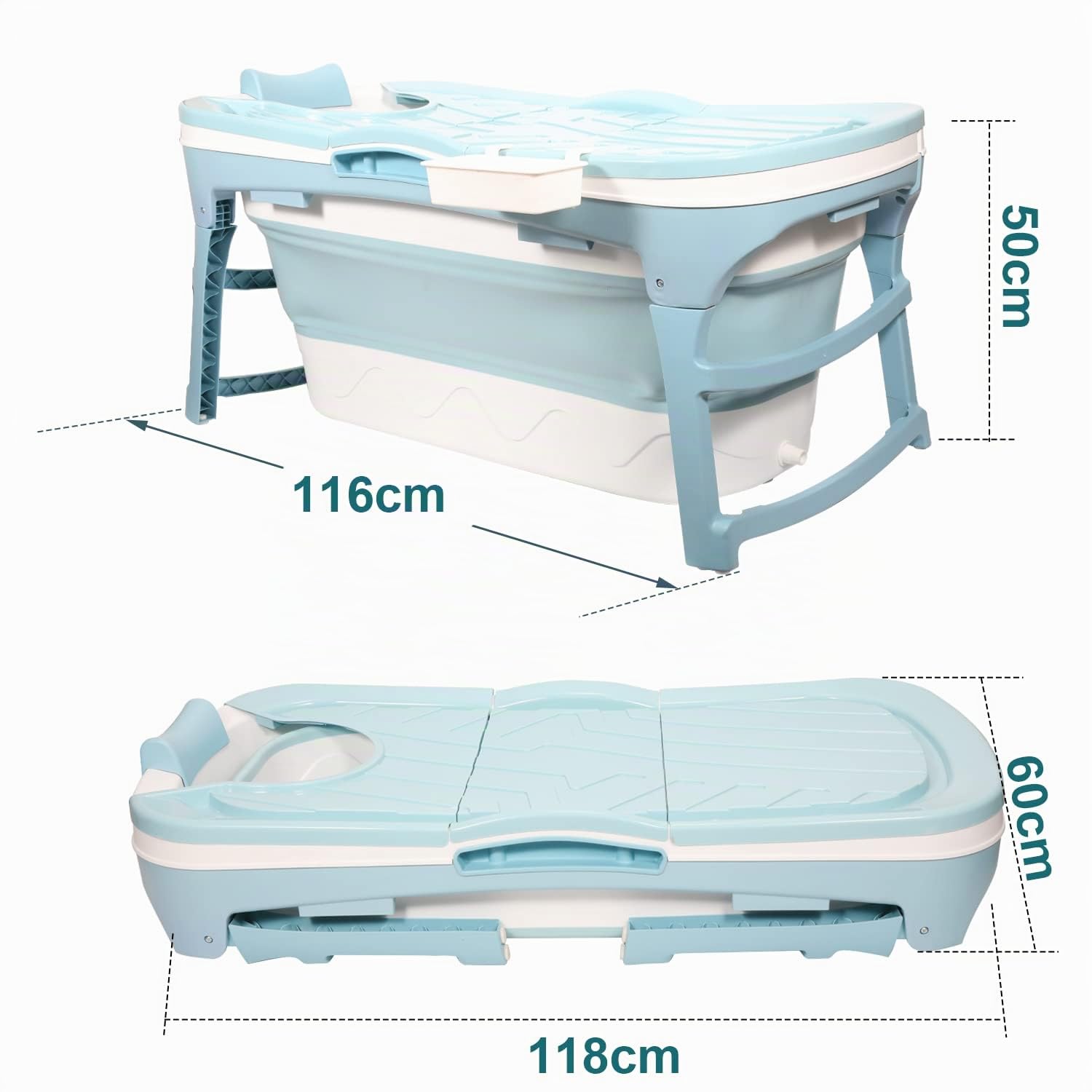 Bañera plegable para adultos, 118 x 60 x 50 cm, bañera móvil plegable portátil con cubierta y cesta de jabón, para baño y ducha - azul