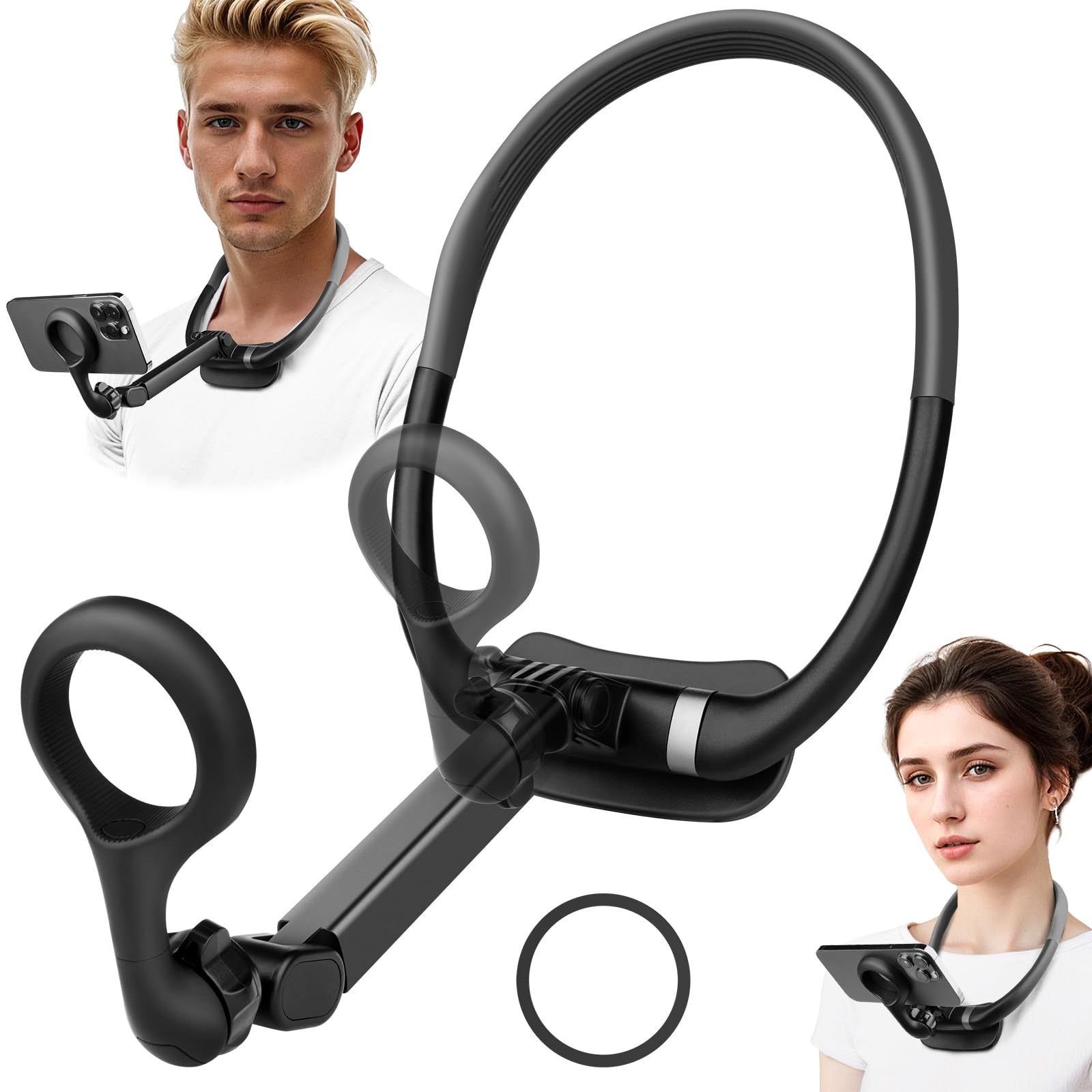 Magnetic Neck Phone Holder, Cell Phone Mount Lazy Bracket with Long Pole and Chest Pad, 2 in 1 Hand Free POV/Vlog Video Shooting Holder for Recording, Fit for iPhone 15 14 13 12 Series & Android