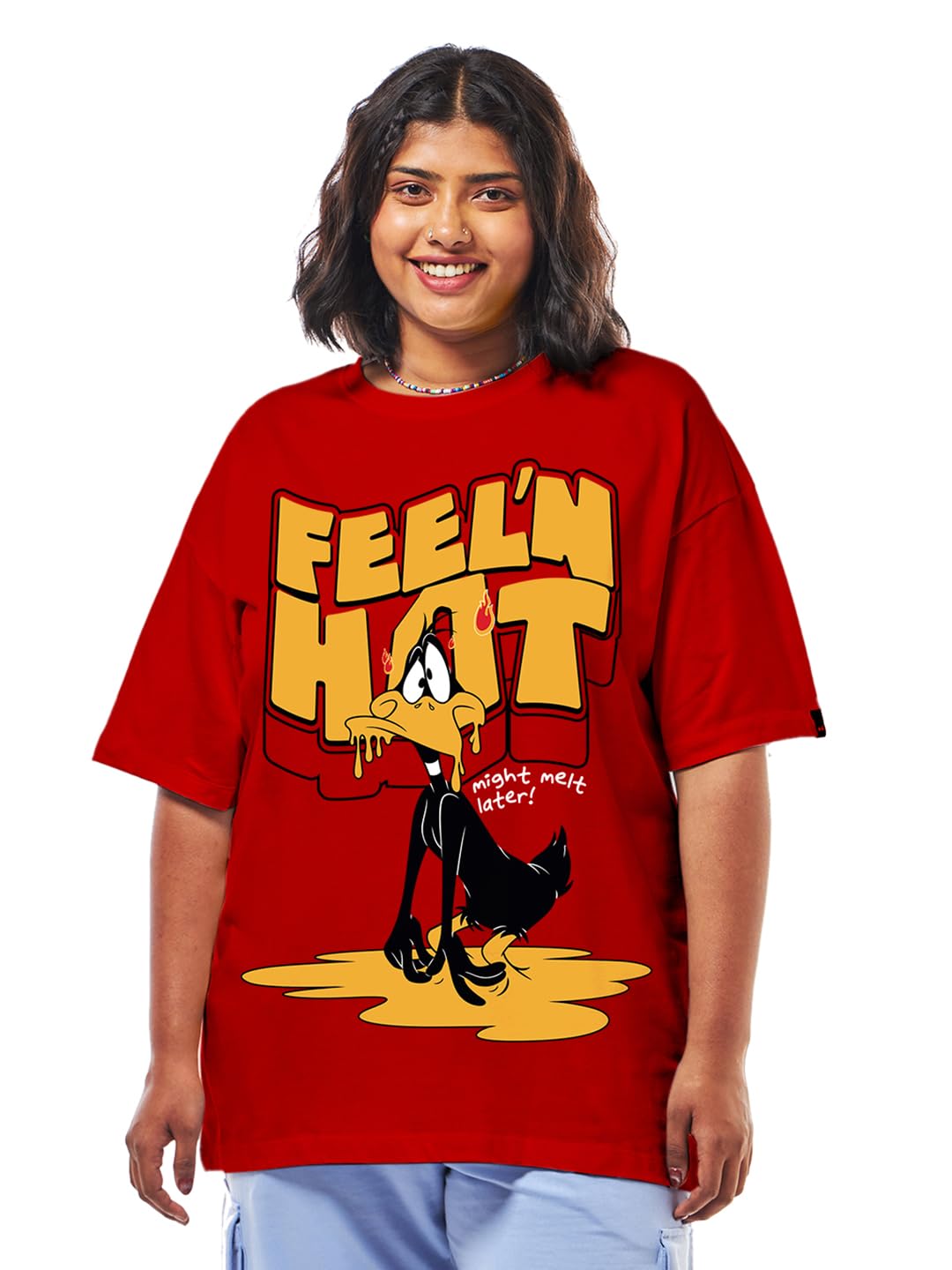 Bewakoof Official Looney Tunes Merchandise Daffy Duck Women's Graphic Print Oversized Fit Half Sleeve Round Neck Cotton Plus Size T-Shirt