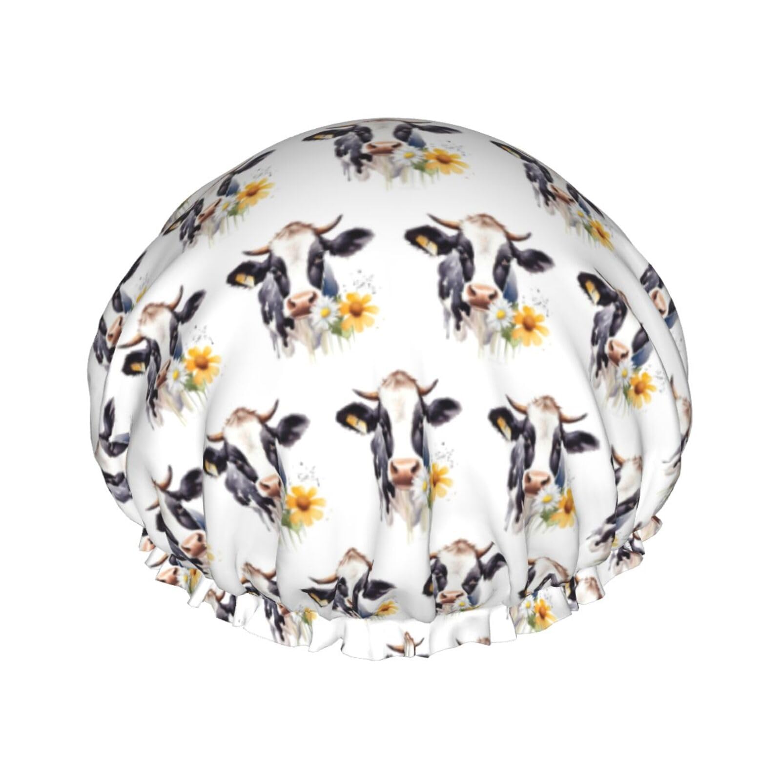 VTCTOASY Cow And Daisy Flower Print Shower Caps Elastic Reusable Waterproof Bath Caps Double Layer Hair Cap for Women Men, Black