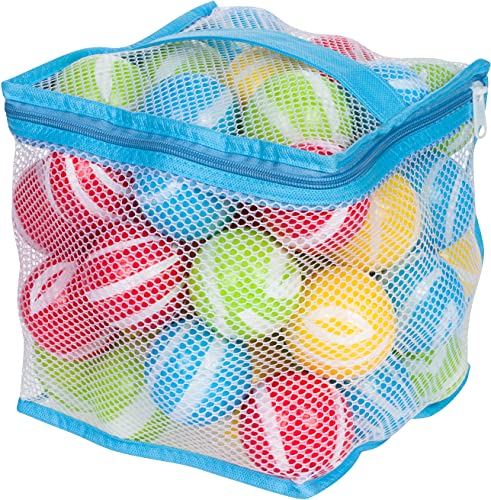 KC Cubs Pack of 50 BPA Free Crush Proof Plastic Ball, Pit Balls, Tent, Playhouse, Bounce House, Kids Room - 4 Primary Colors in Reusable & Durable Storage Mesh Bag w/Zipper Striped Colors, Multicolor