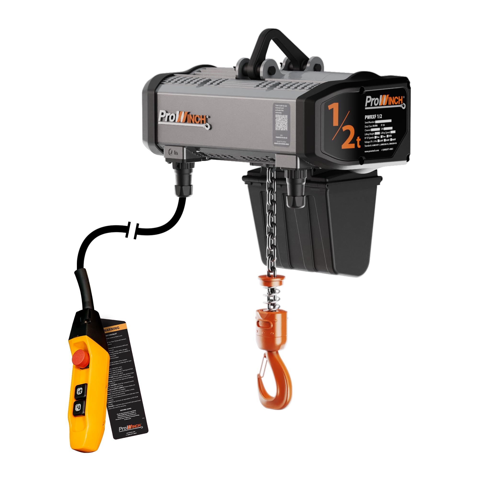 Prowinch 1/2 Ton Electric Chain Hoist with Two-Speed Operation, 208~240V, Three-Phase (3ø) 60Hz, 13ft G100 Nickel Chain, Rated for Heavy Duty H4/M5 Applications