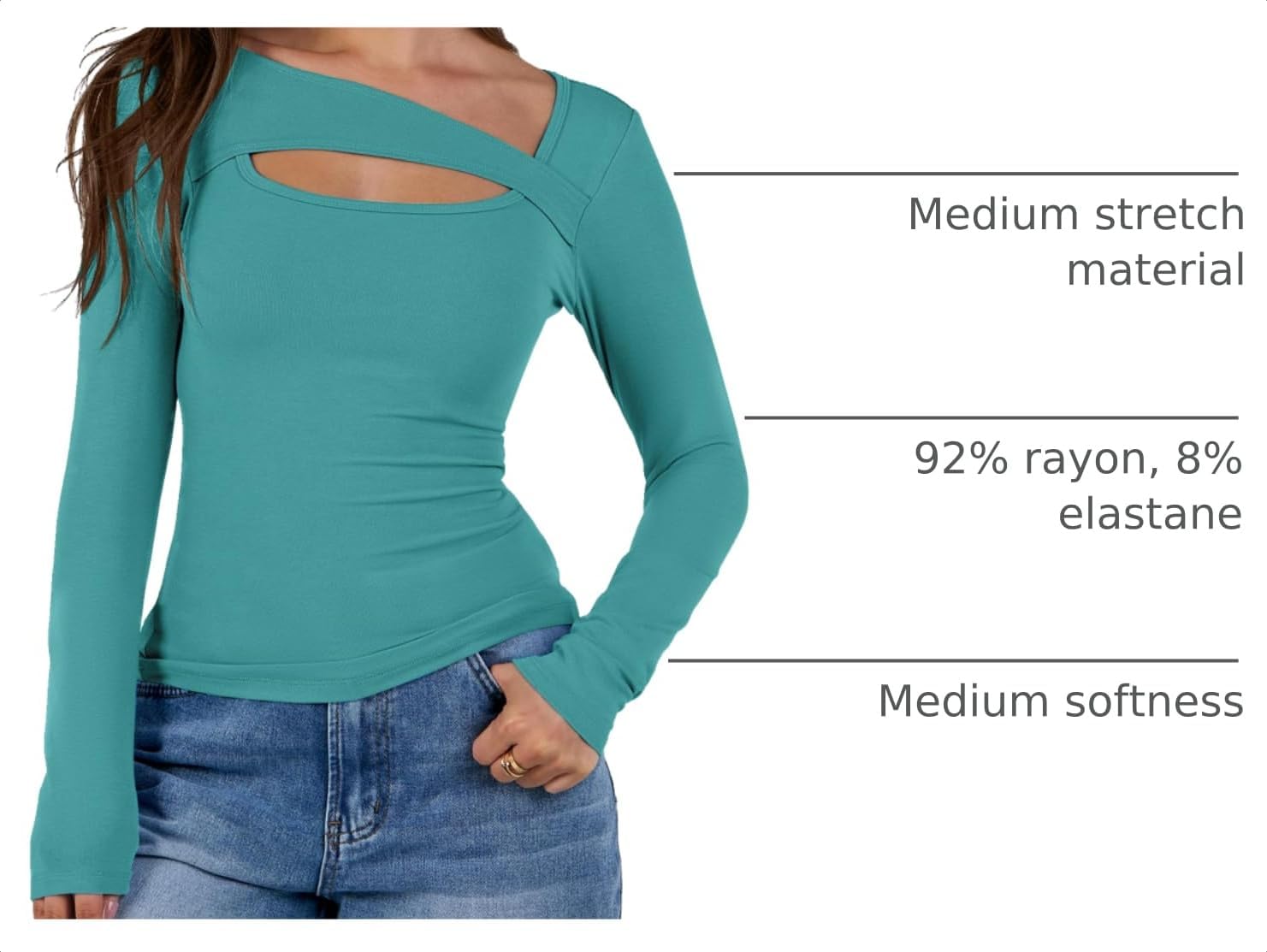 Ribbed Cutout Long Sleeve Top for Women - Soft Stretch Basic Layering Tee — view 4
