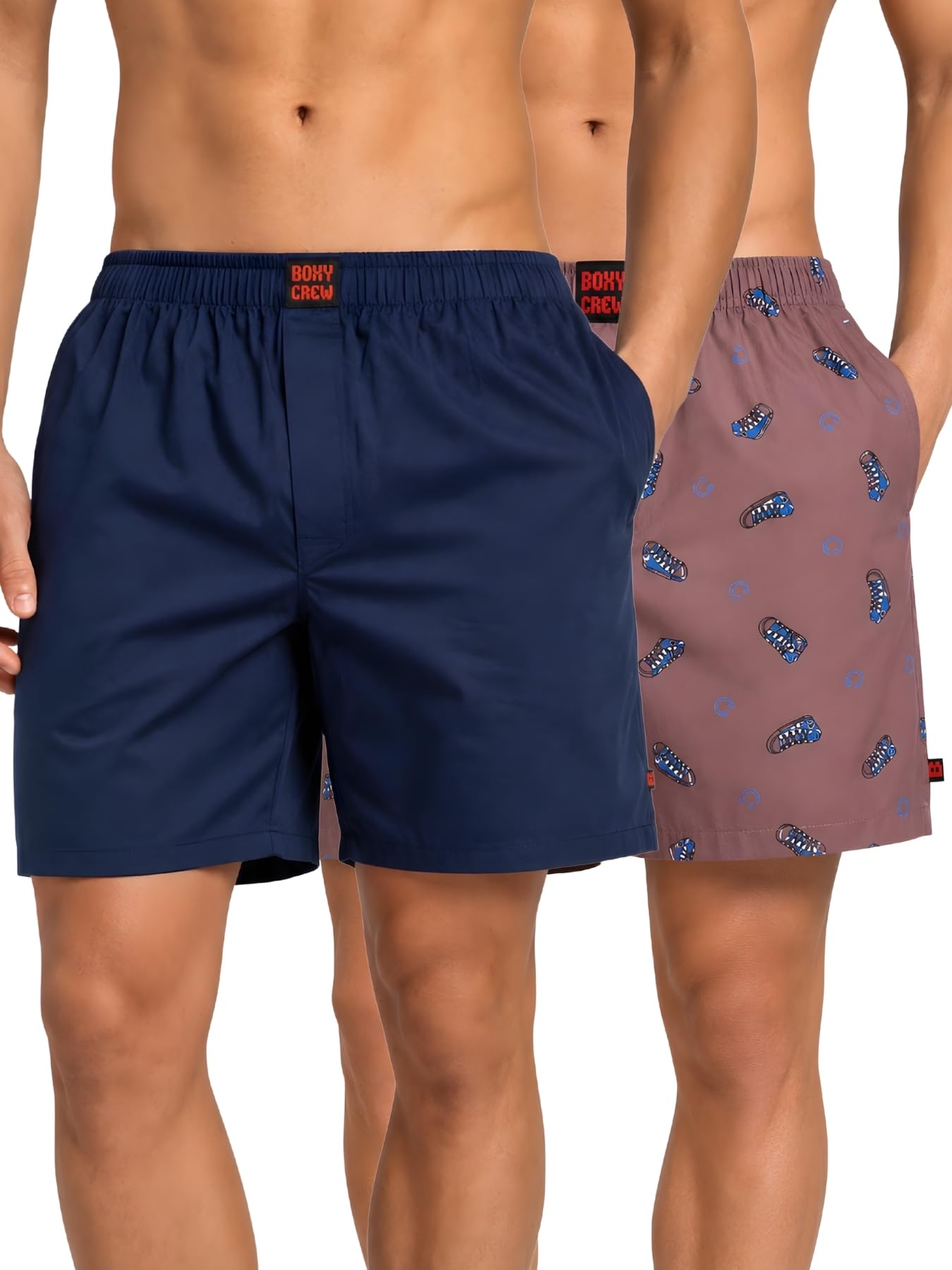 boxy crew Men Boxer Shorts Pack of 2, 100% Cotton Woven Boxers, Navy Blue & Mauve, Solid & Printed Designs, Dual Side Pockets, No-Marks Inner Elastic Waistband, Relaxed Lounge & Sleep Shorts-picture-20